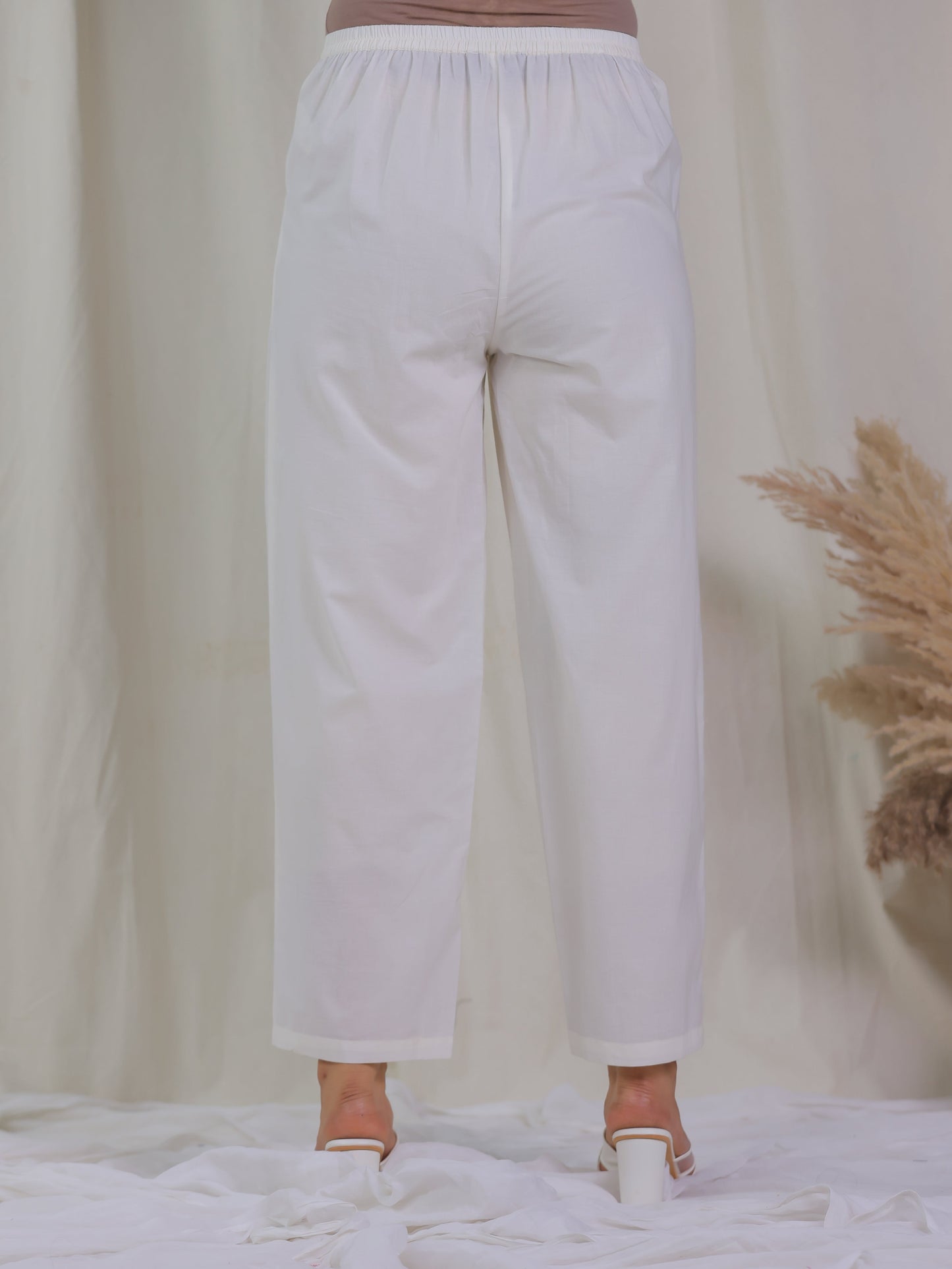 Soft Cotton Solid Off White Trousers Straight Trousers