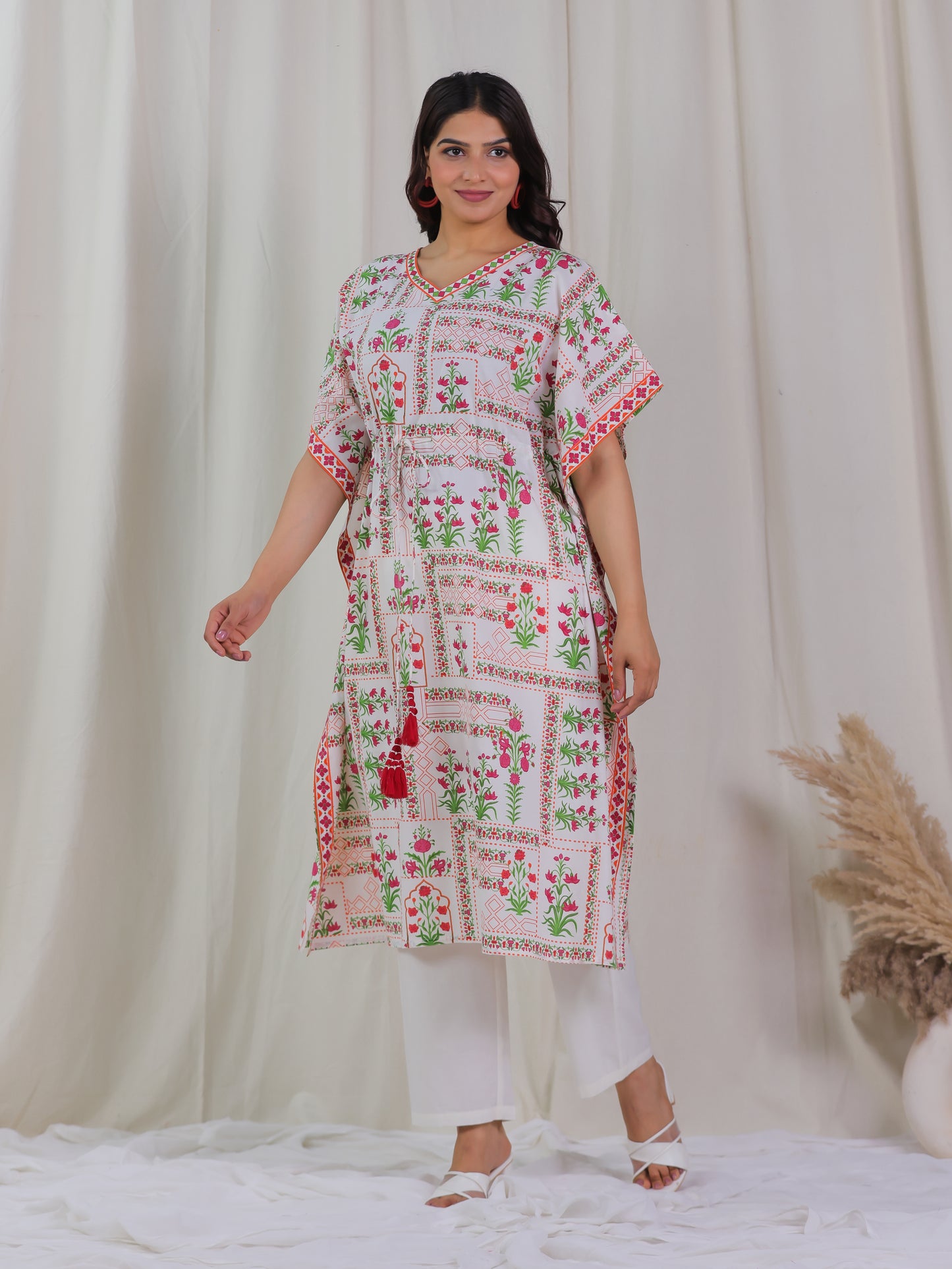 Soft Cotton Floral Kaftan Off White Kurta