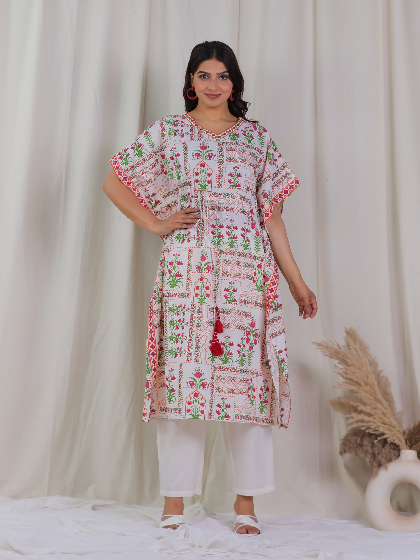 Soft Cotton Floral Kaftan Off White Kurta