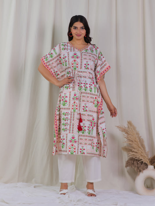 Soft Cotton Floral Kaftan Off White Kurta