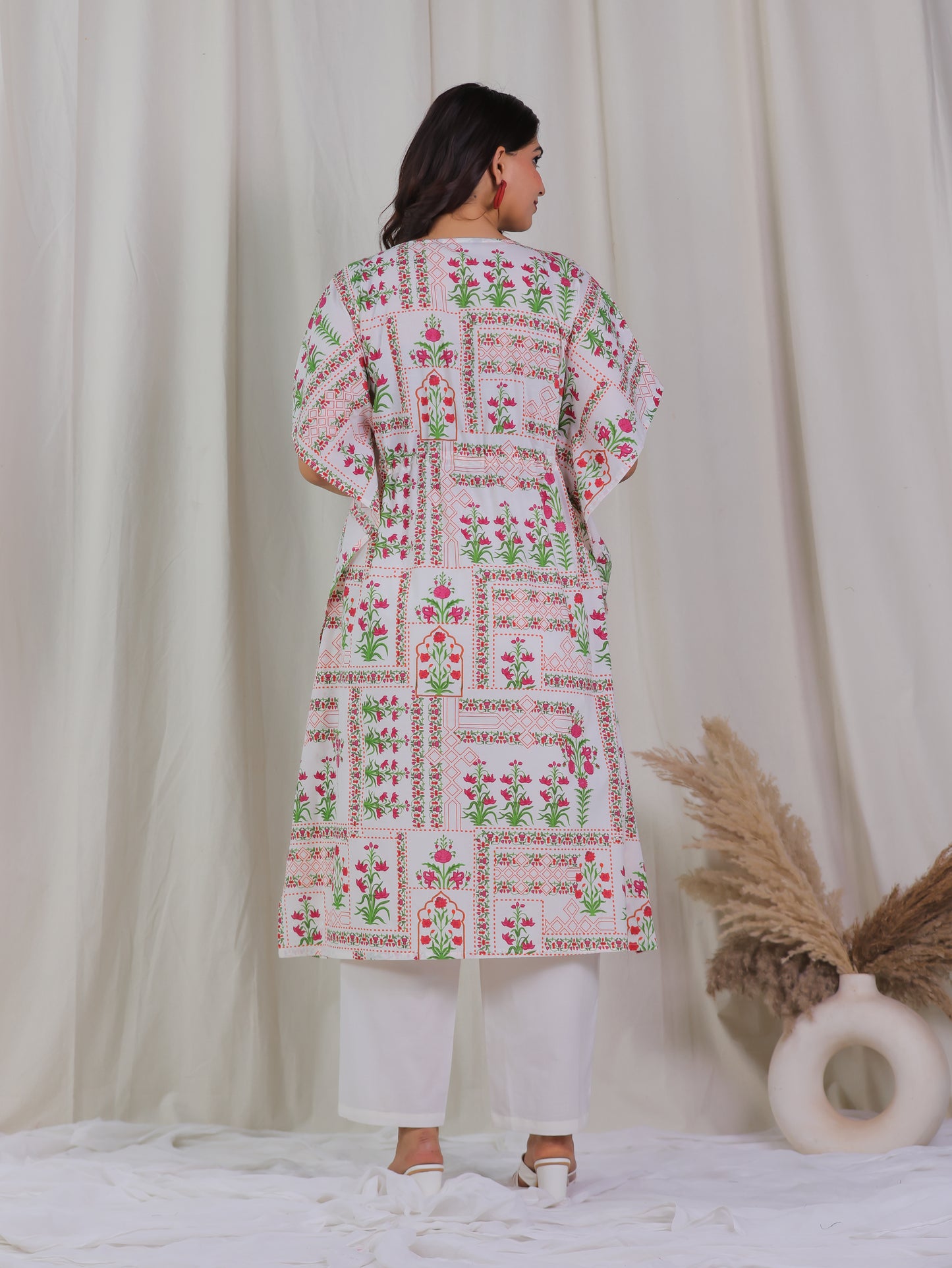 Soft Cotton Floral Kaftan Off White Kurta