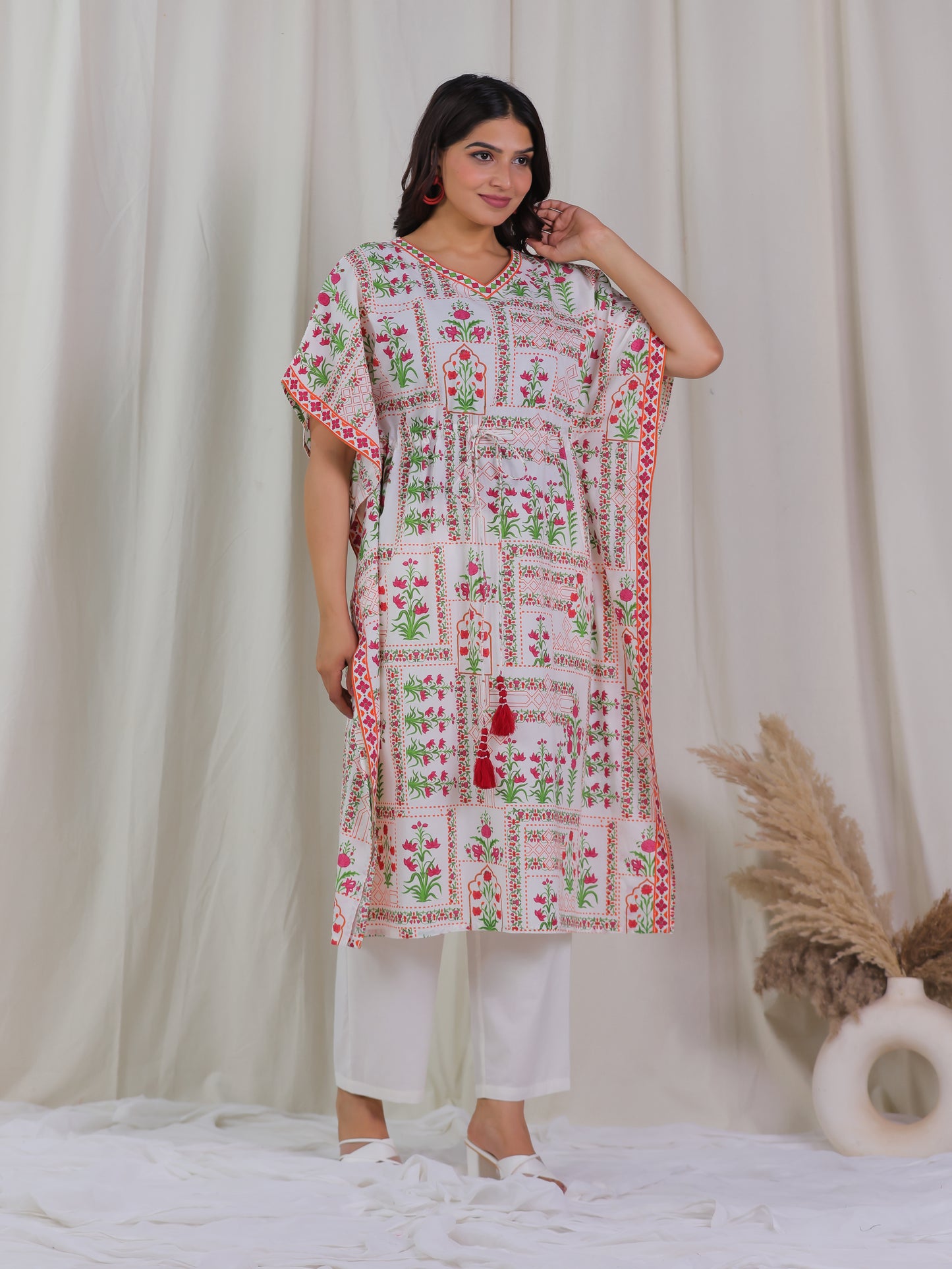 Soft Cotton Floral Kaftan Off White Kurta