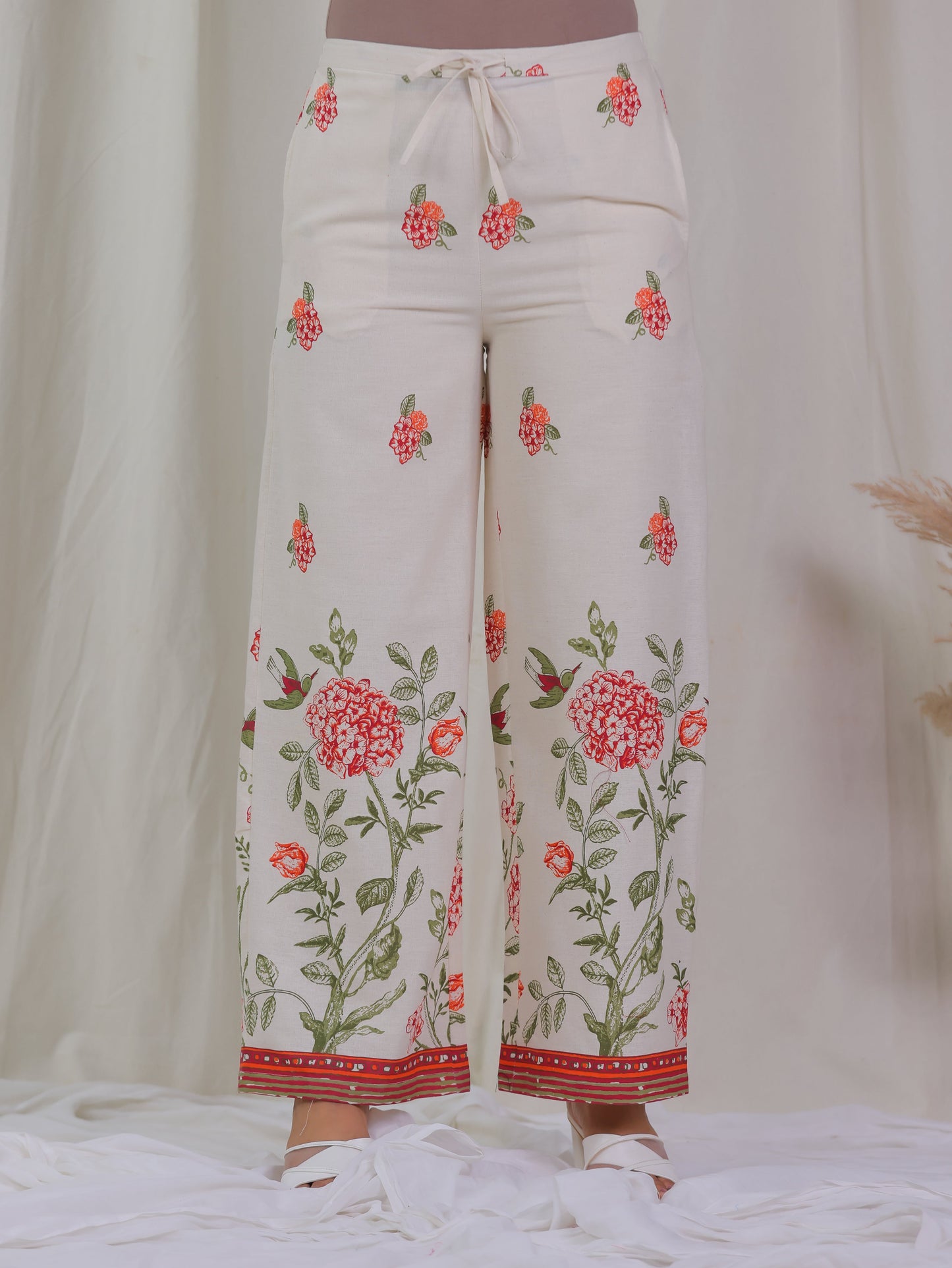 Linen Cotton Placement Print Off White Palazzo