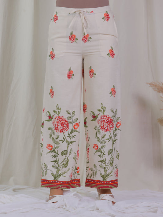 Linen Cotton Placement Print Off White Palazzo