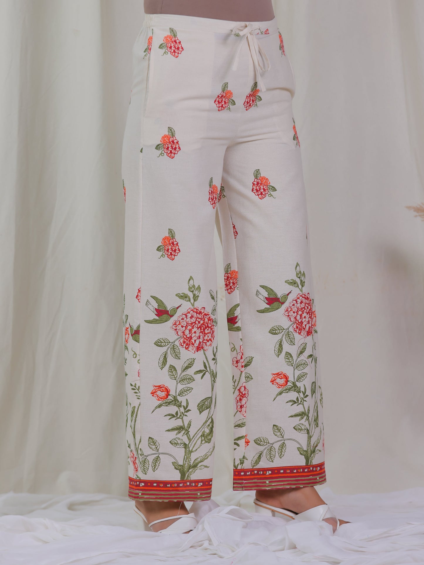 Linen Cotton Placement Print Off White Palazzo