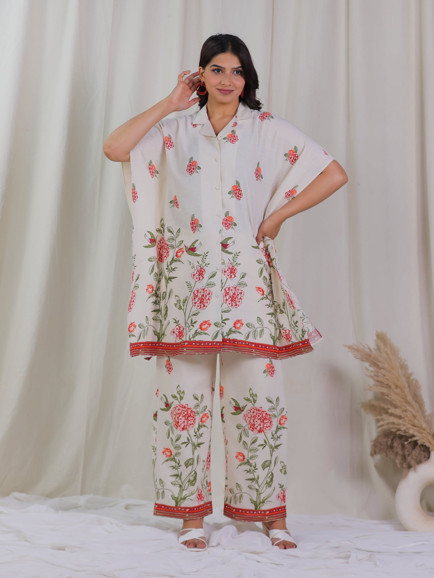 Linen Cotton Placement Print Kaftan Off White Kurta