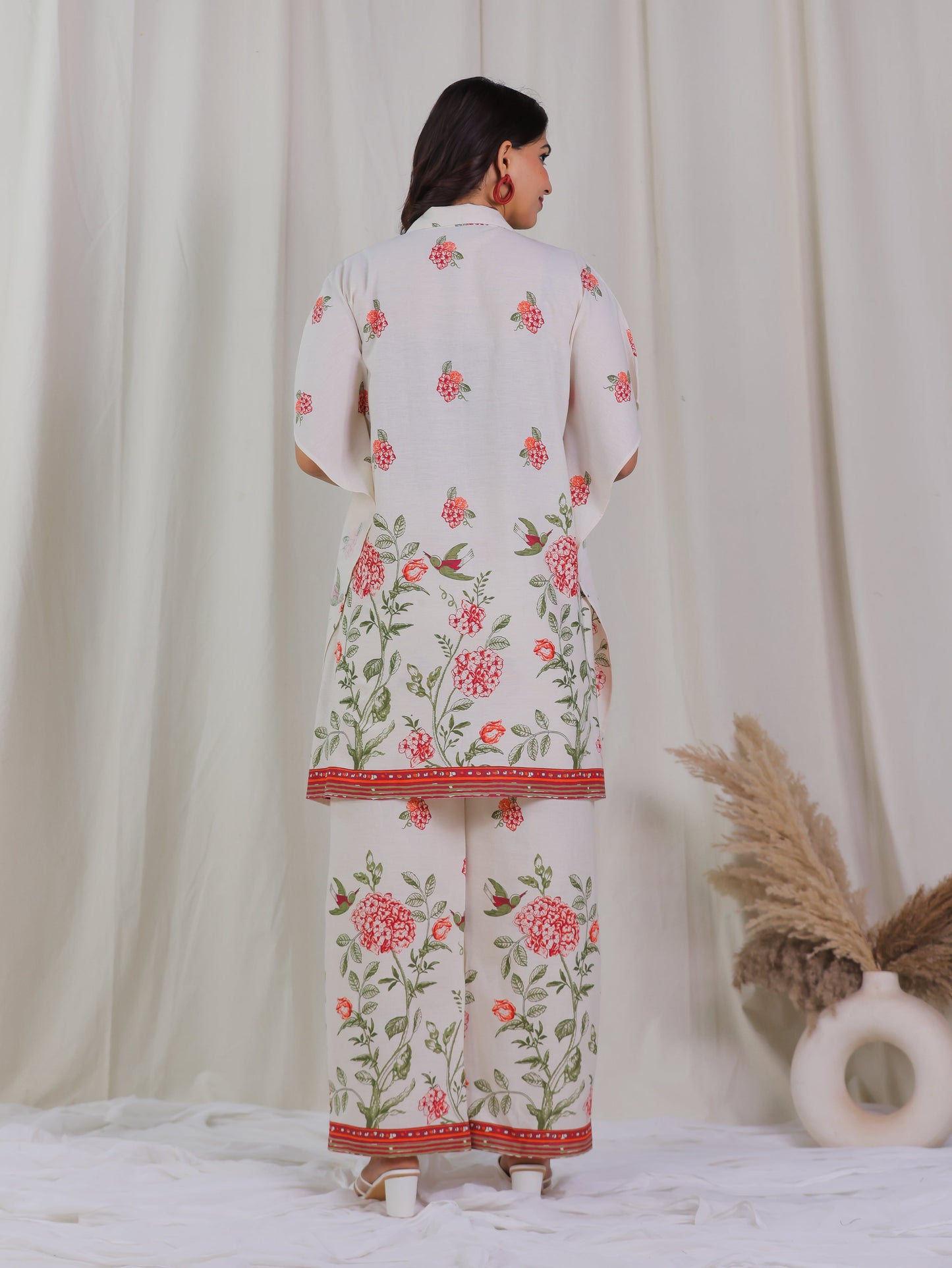 Linen Cotton Placement Print Kaftan Off White Kurta