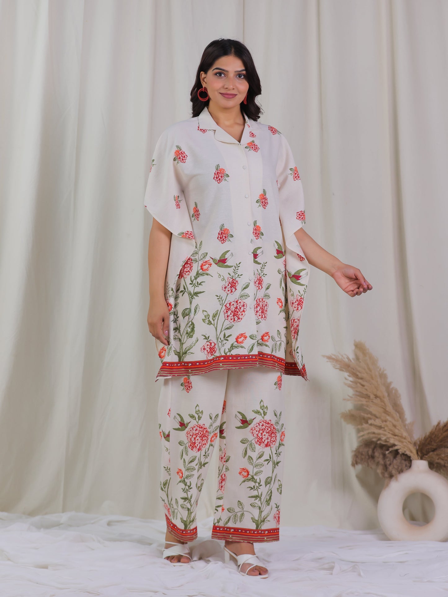 Linen Cotton Placement Print Kaftan Off White Kurta