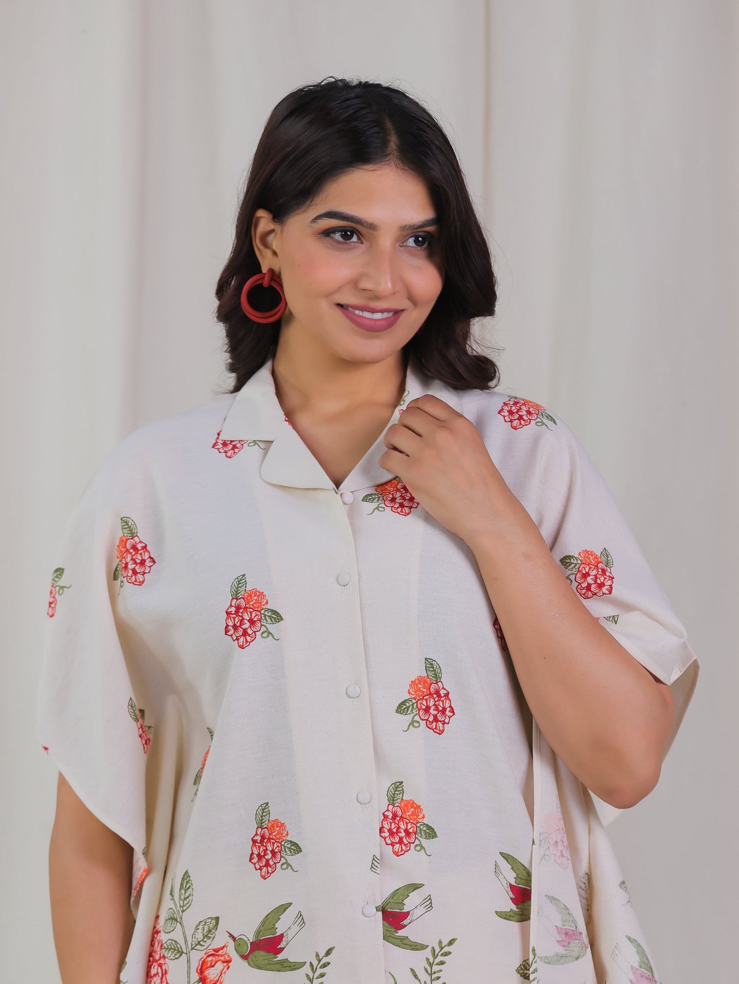 Linen Cotton Placement Print Kaftan Off White Kurta