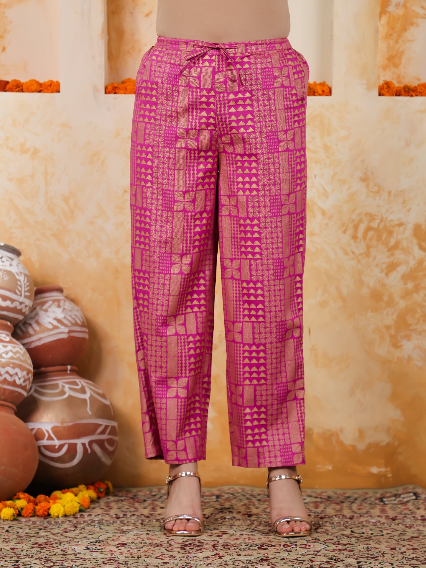 Viscose Gold foil Pink Straight Straight Trousers