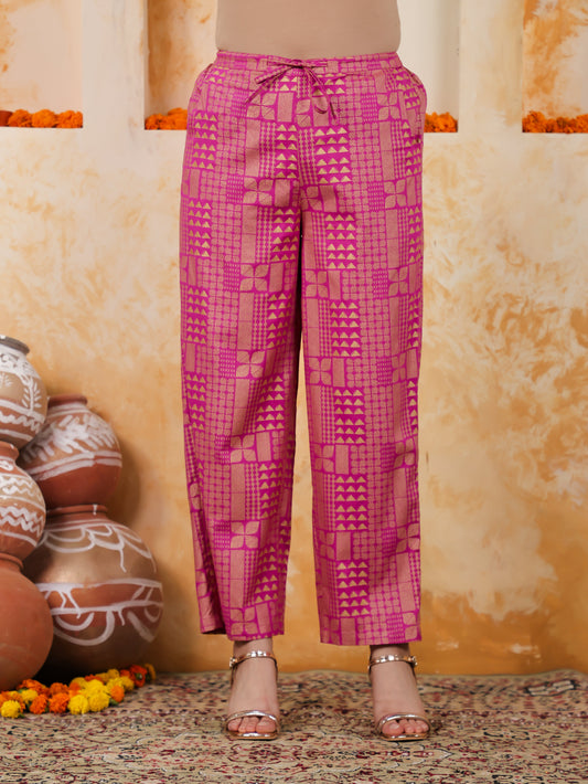 Viscose Gold foil Pink Straight Straight Trousers