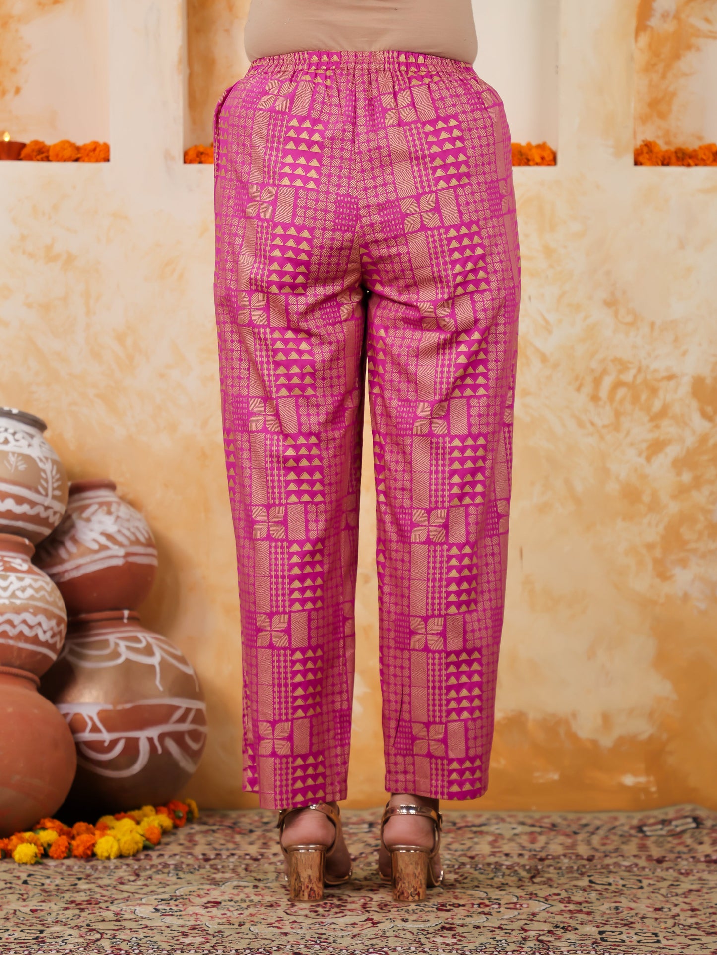 Viscose Gold foil Pink Straight Straight Trousers