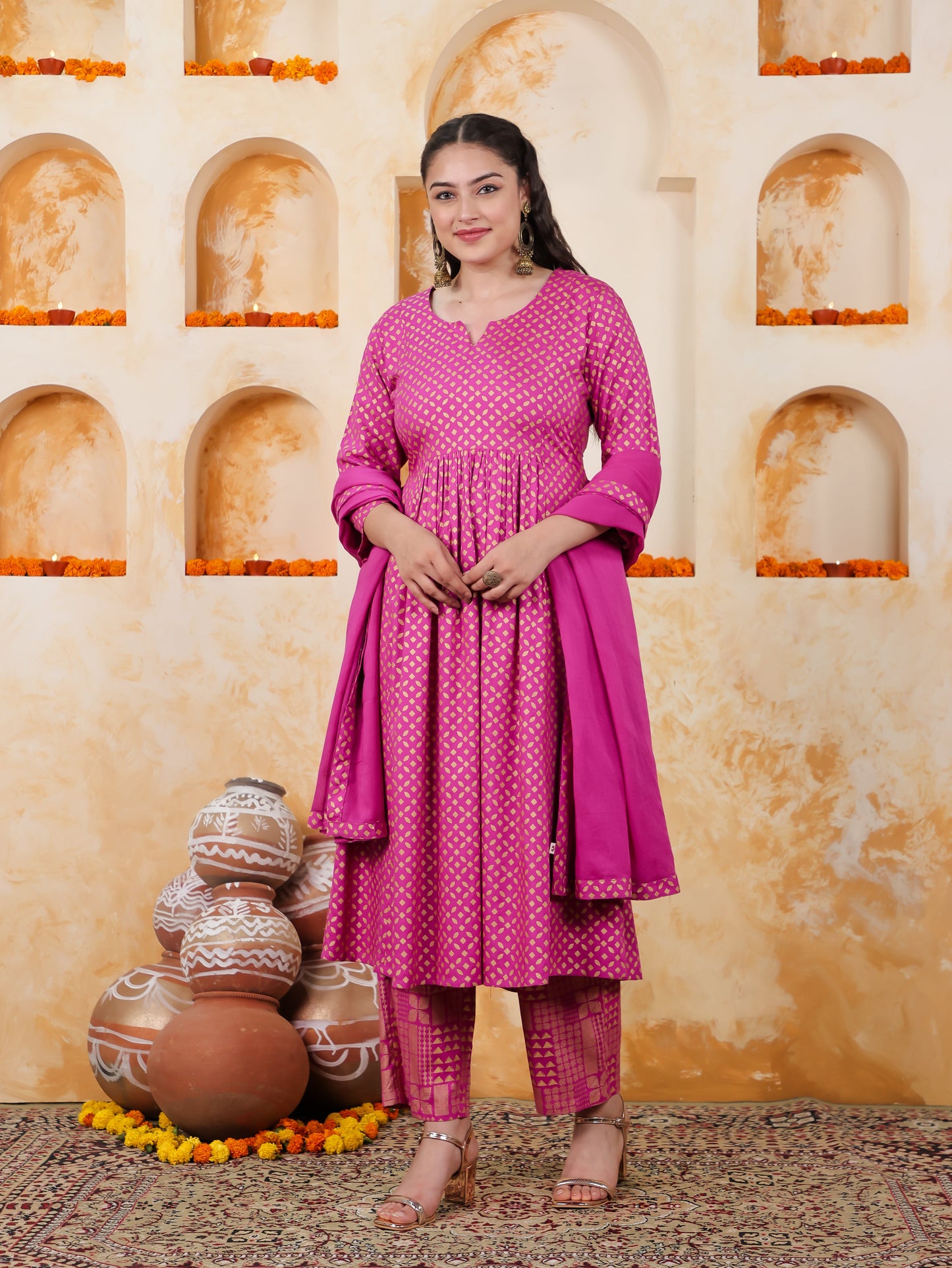 Viscose Gold foil Pink Dupatta