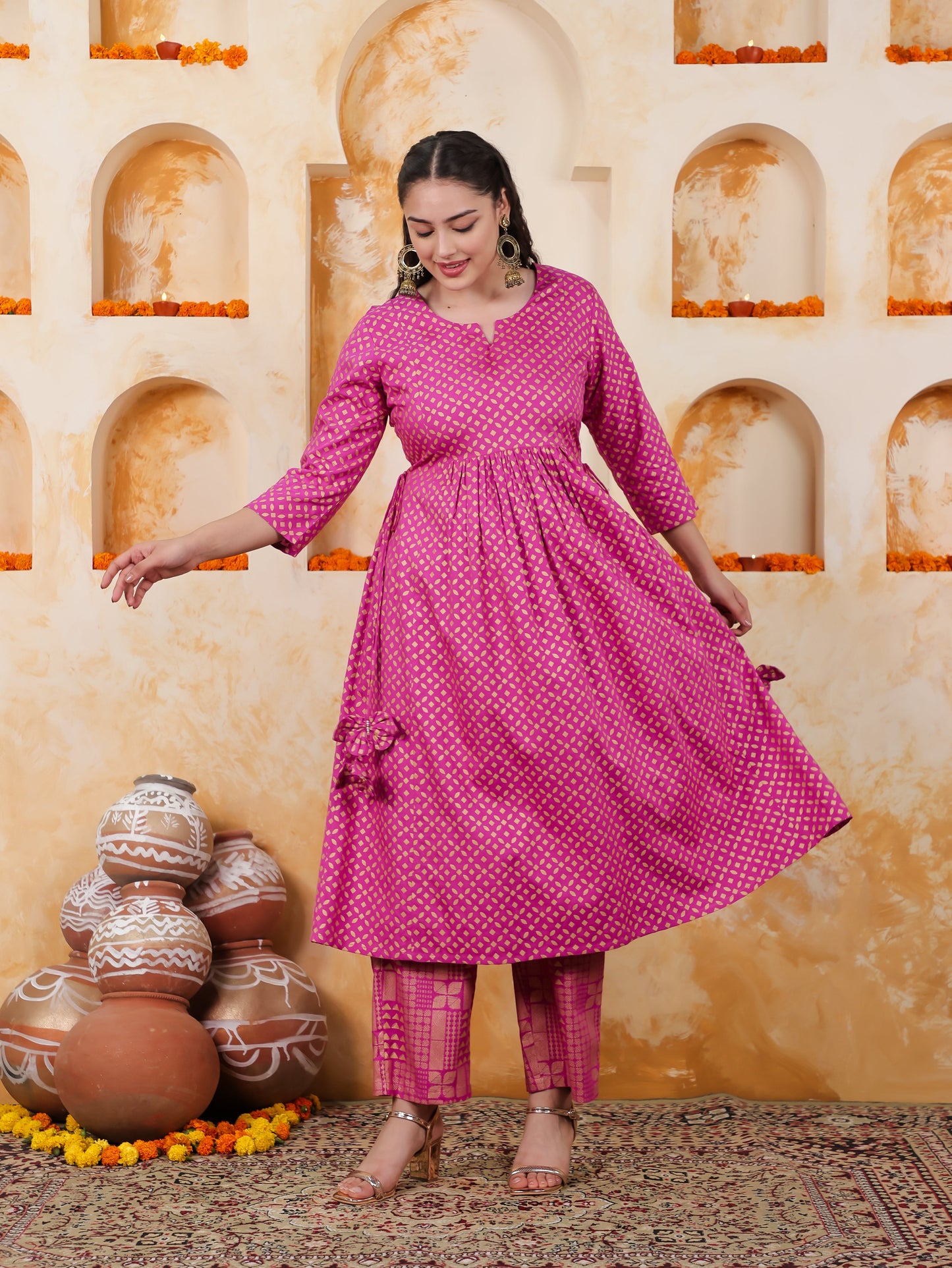 Viscose Gold foil Flared Pink Kurta