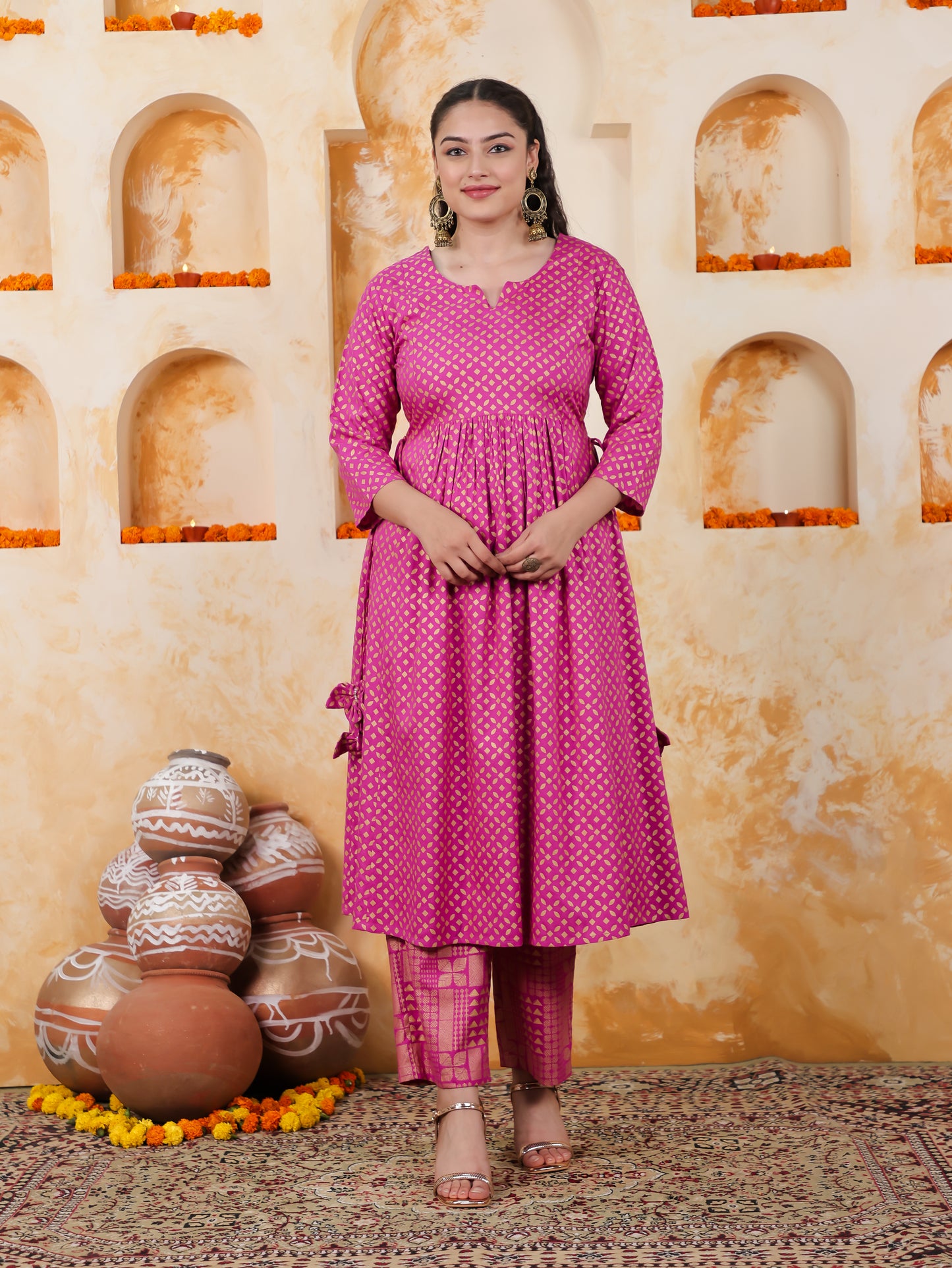 Viscose Gold foil Flared Pink Kurta