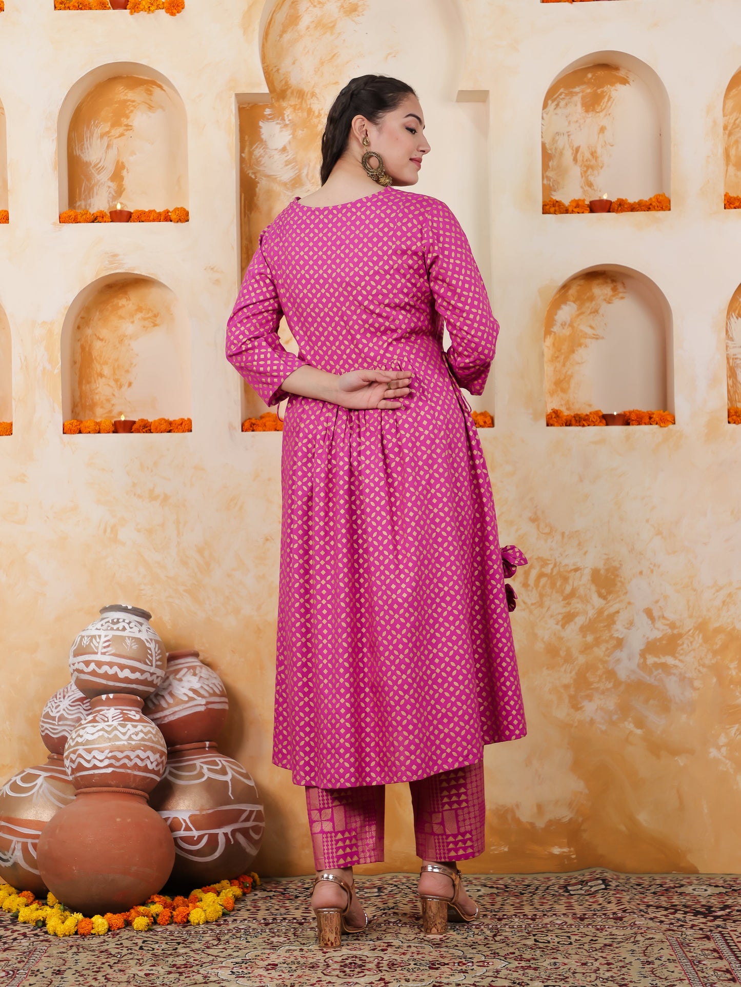 Viscose Gold foil Flared Pink Kurta