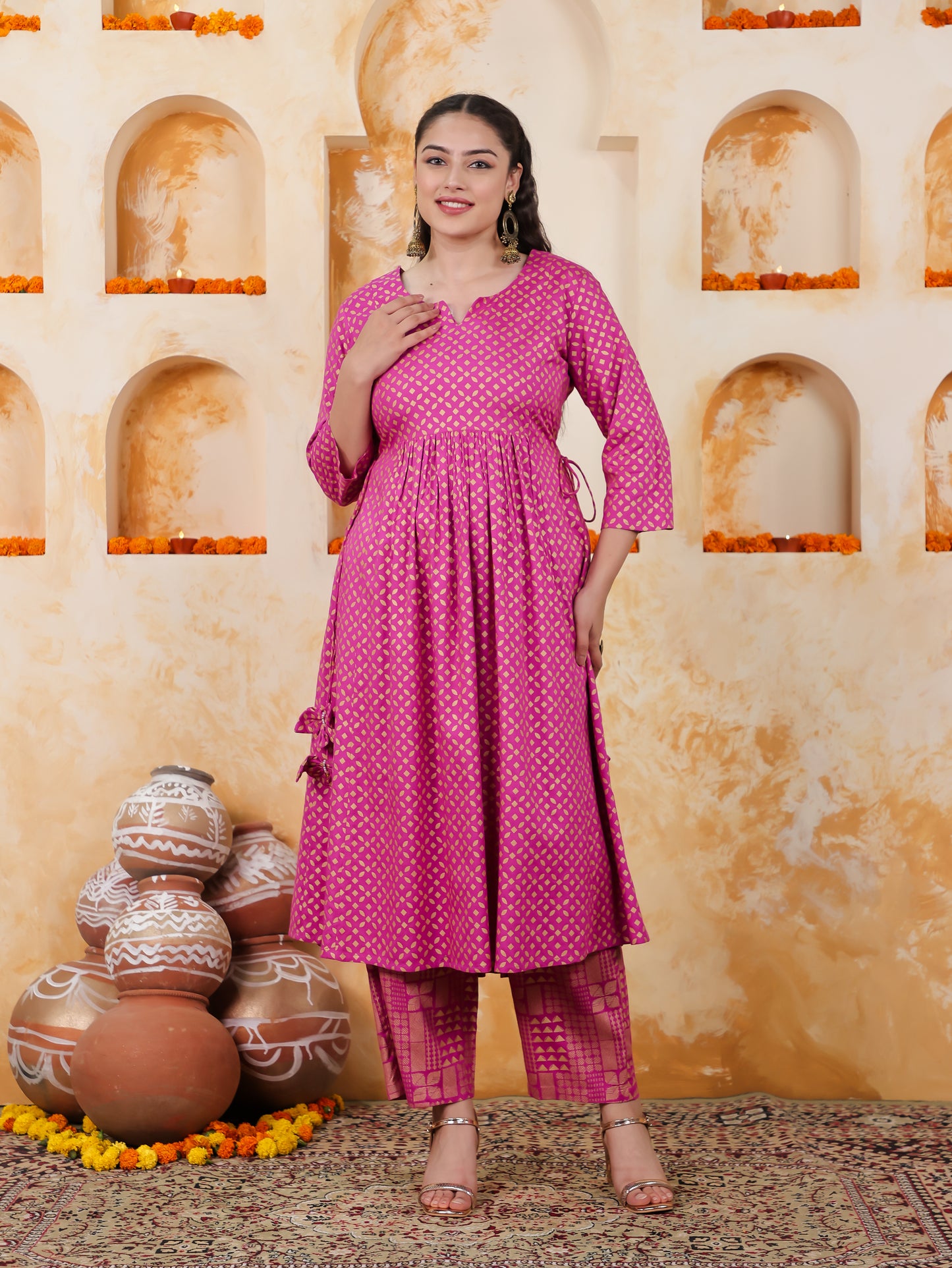 Viscose Gold foil Flared Pink Kurta