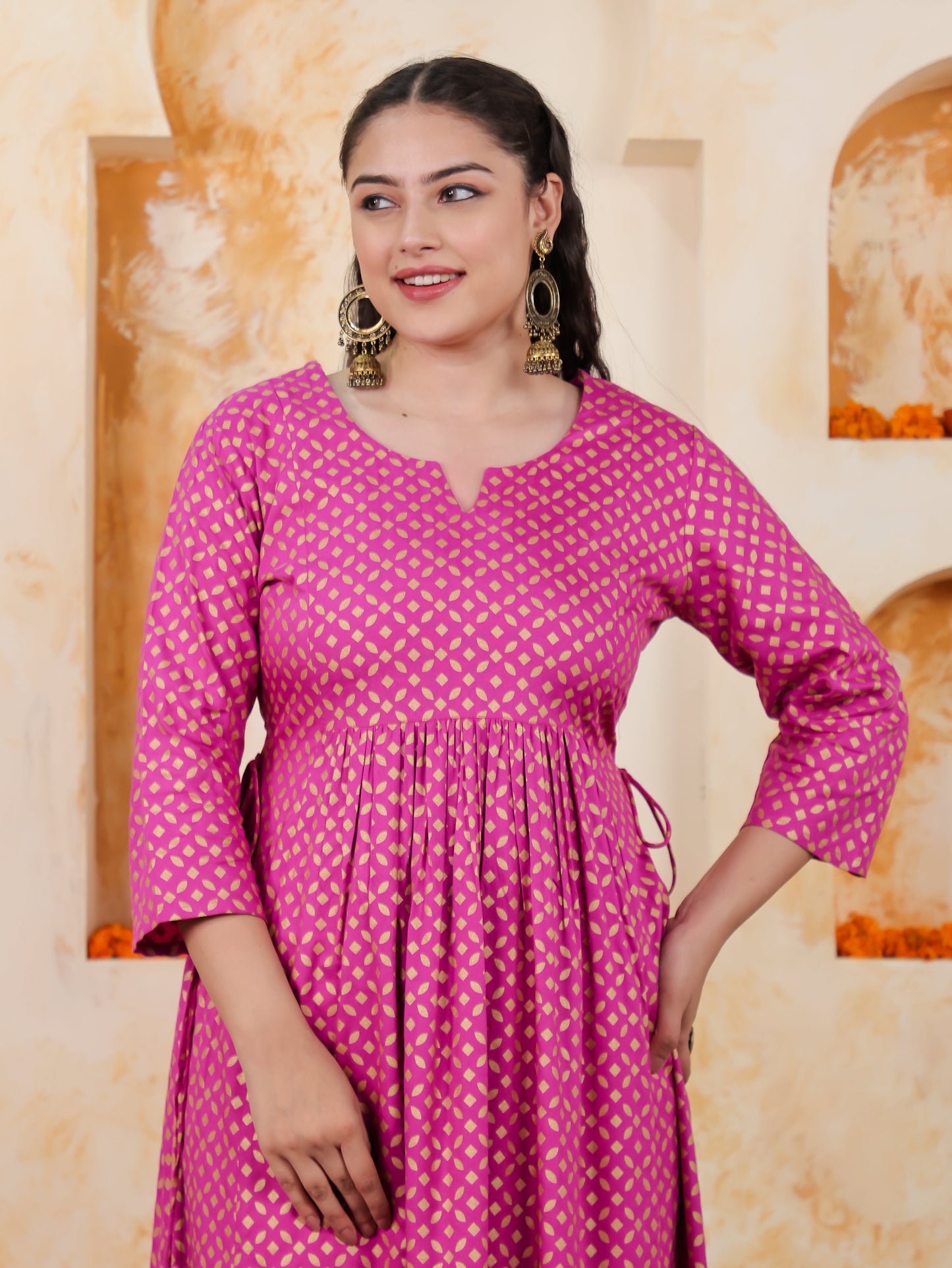 Viscose Gold foil Flared Pink Kurta