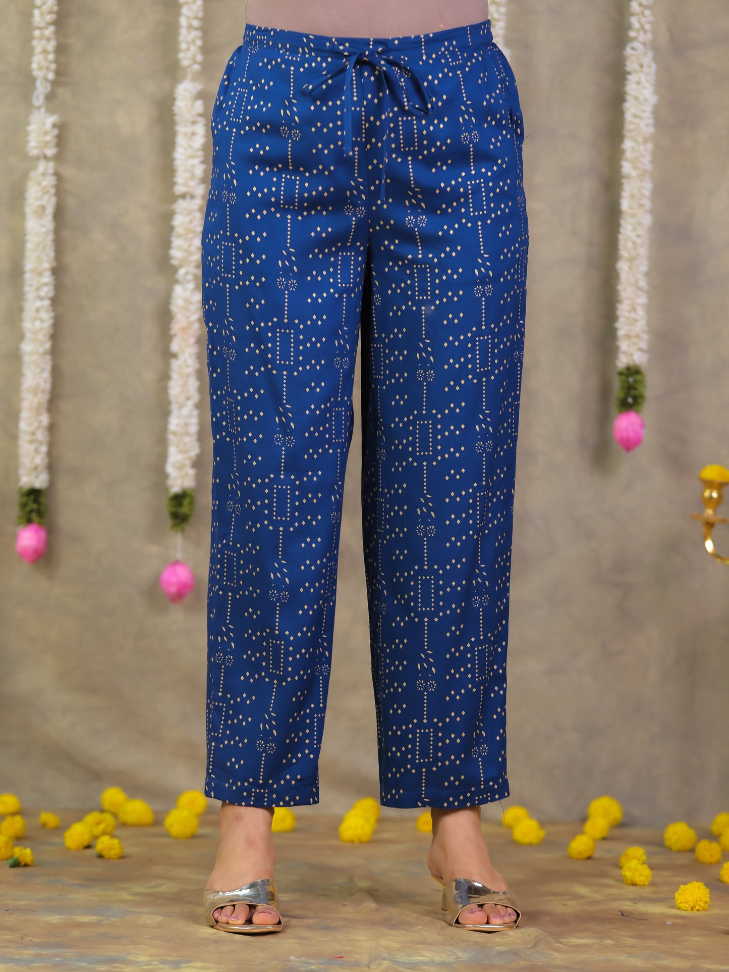 Viscose Gold foil Blue Straight Trousers