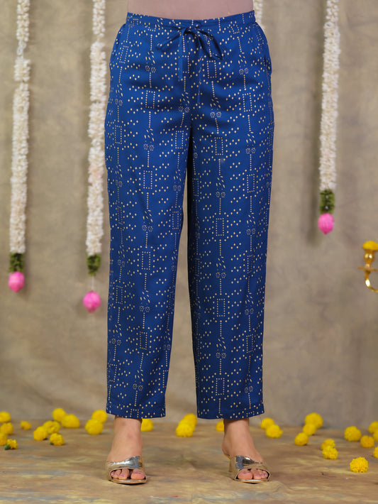 Viscose Gold foil Blue Straight Trousers