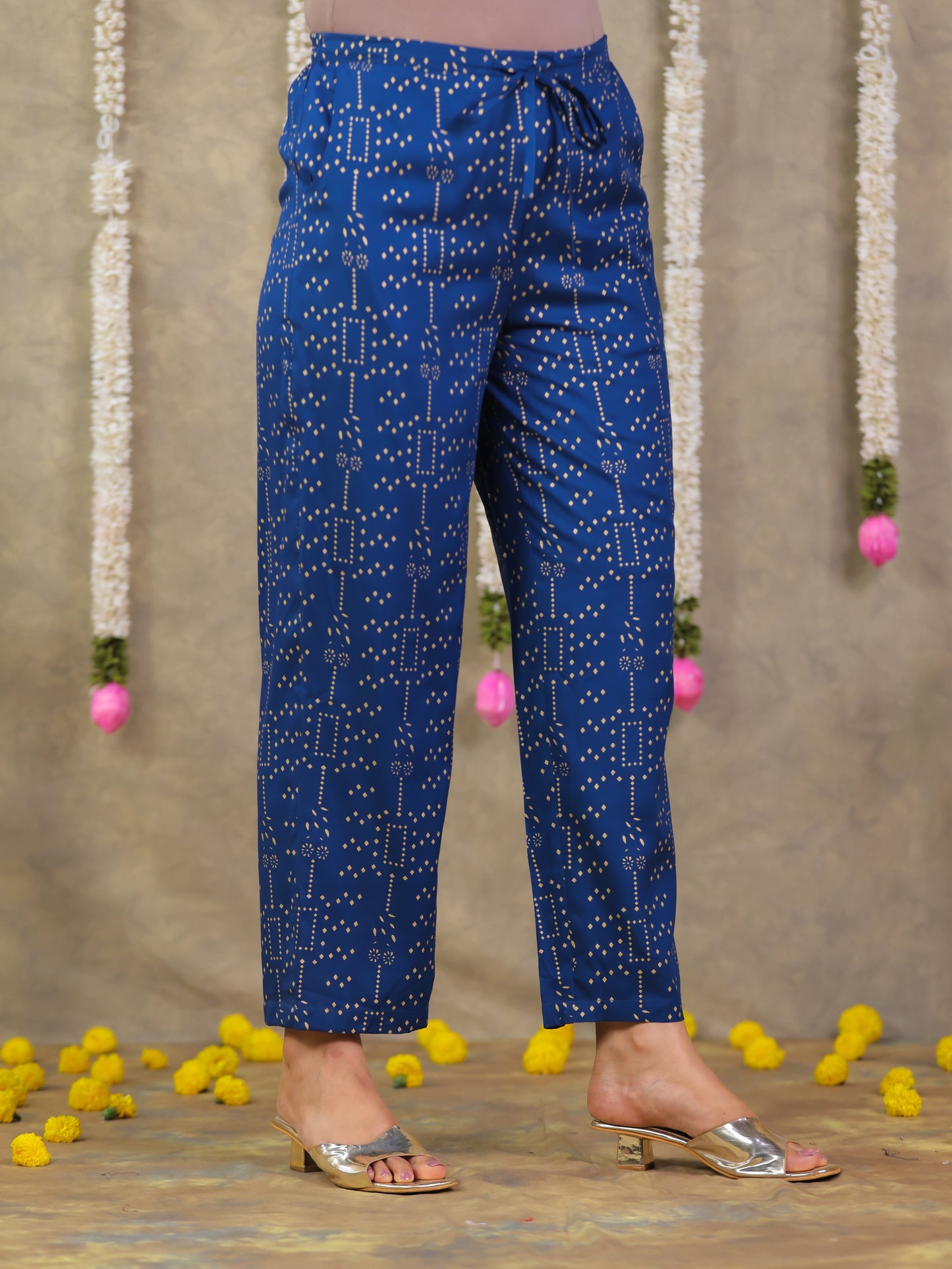 Viscose Gold foil Blue Straight Trousers
