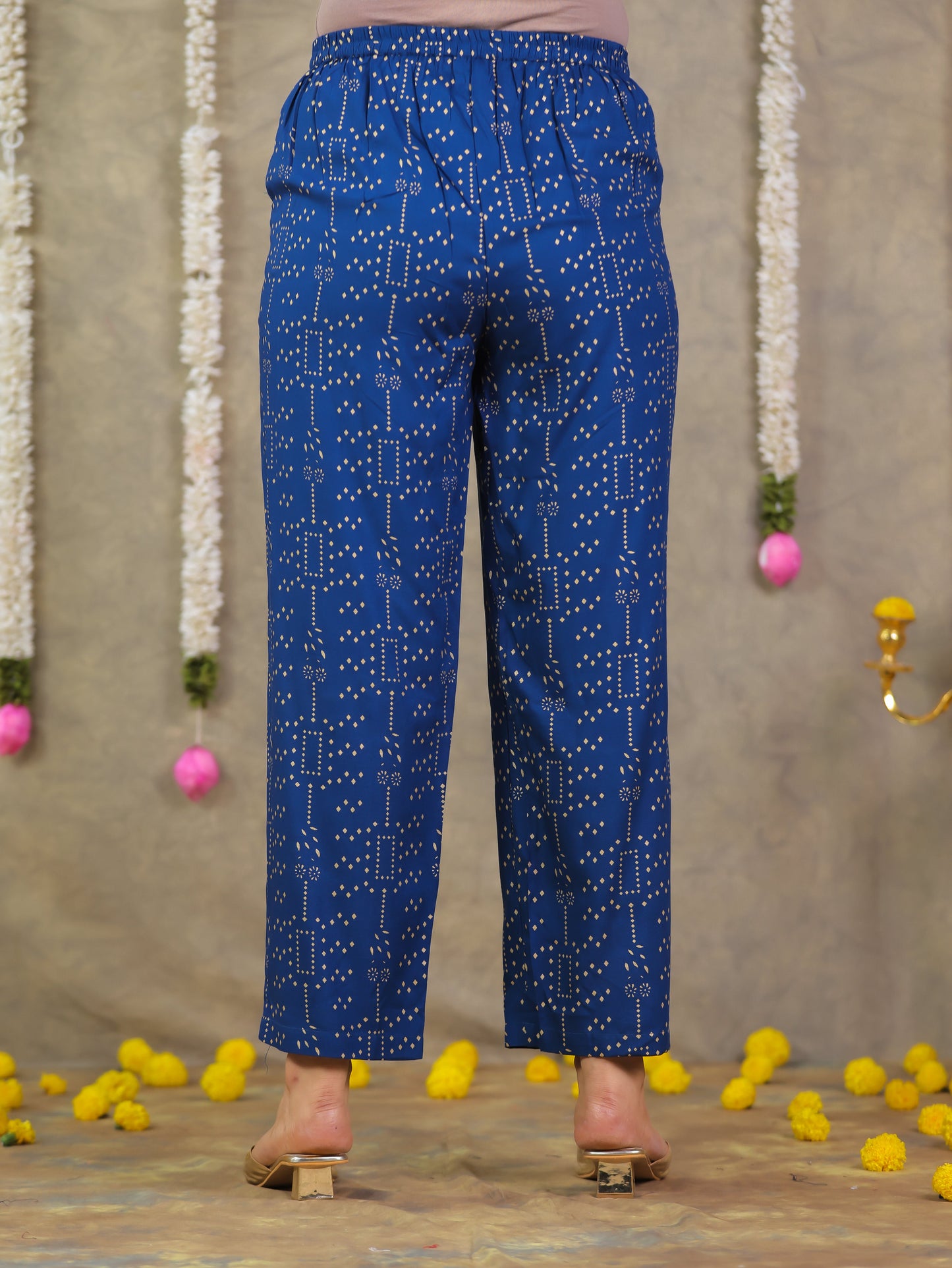Viscose Gold foil Blue Straight Trousers