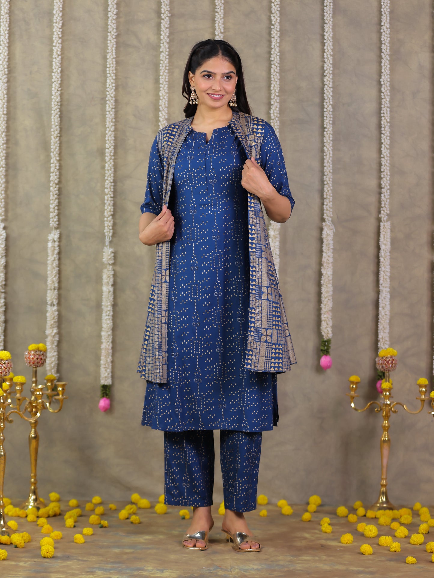 Viscose Gold foil A-line Blue Jacket