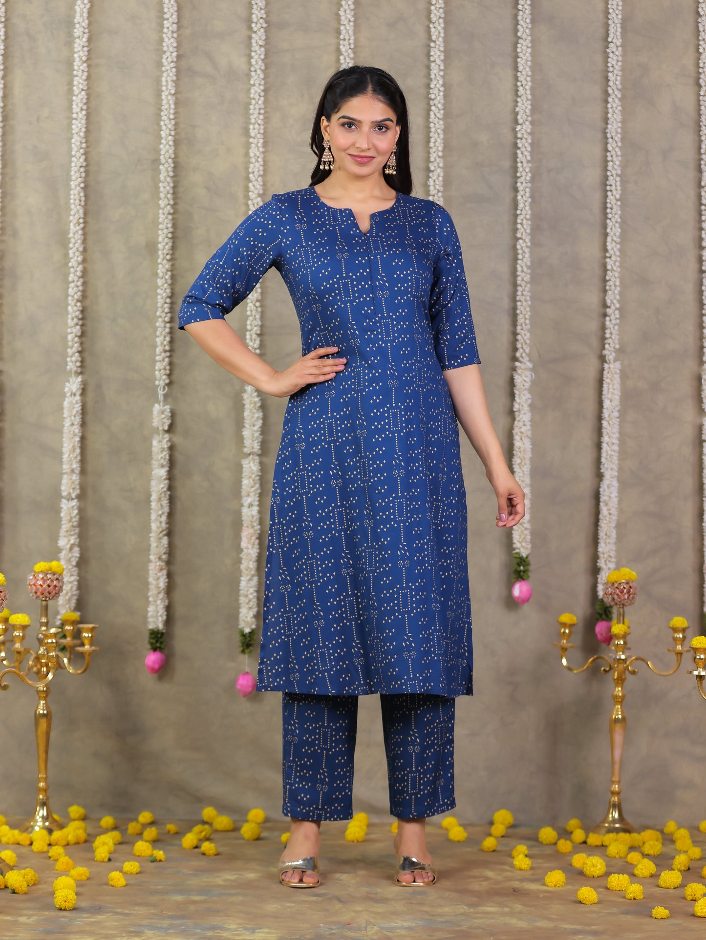 Viscose Gold foil A-line Blue Kurta