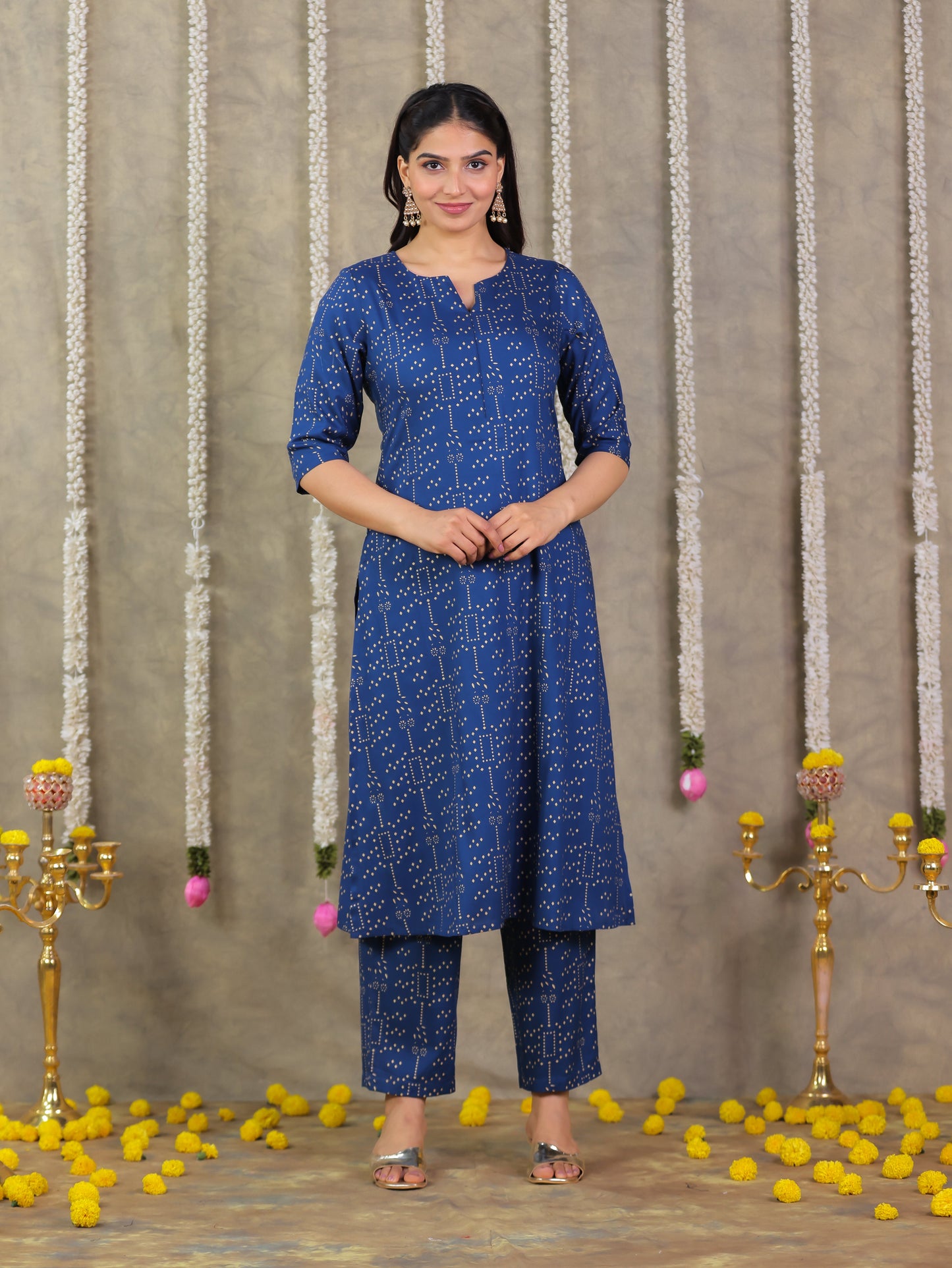 Viscose Gold foil A-line Blue Kurta
