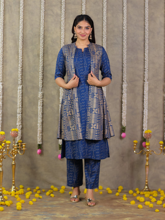 Viscose Gold foil A-line Blue Kurta