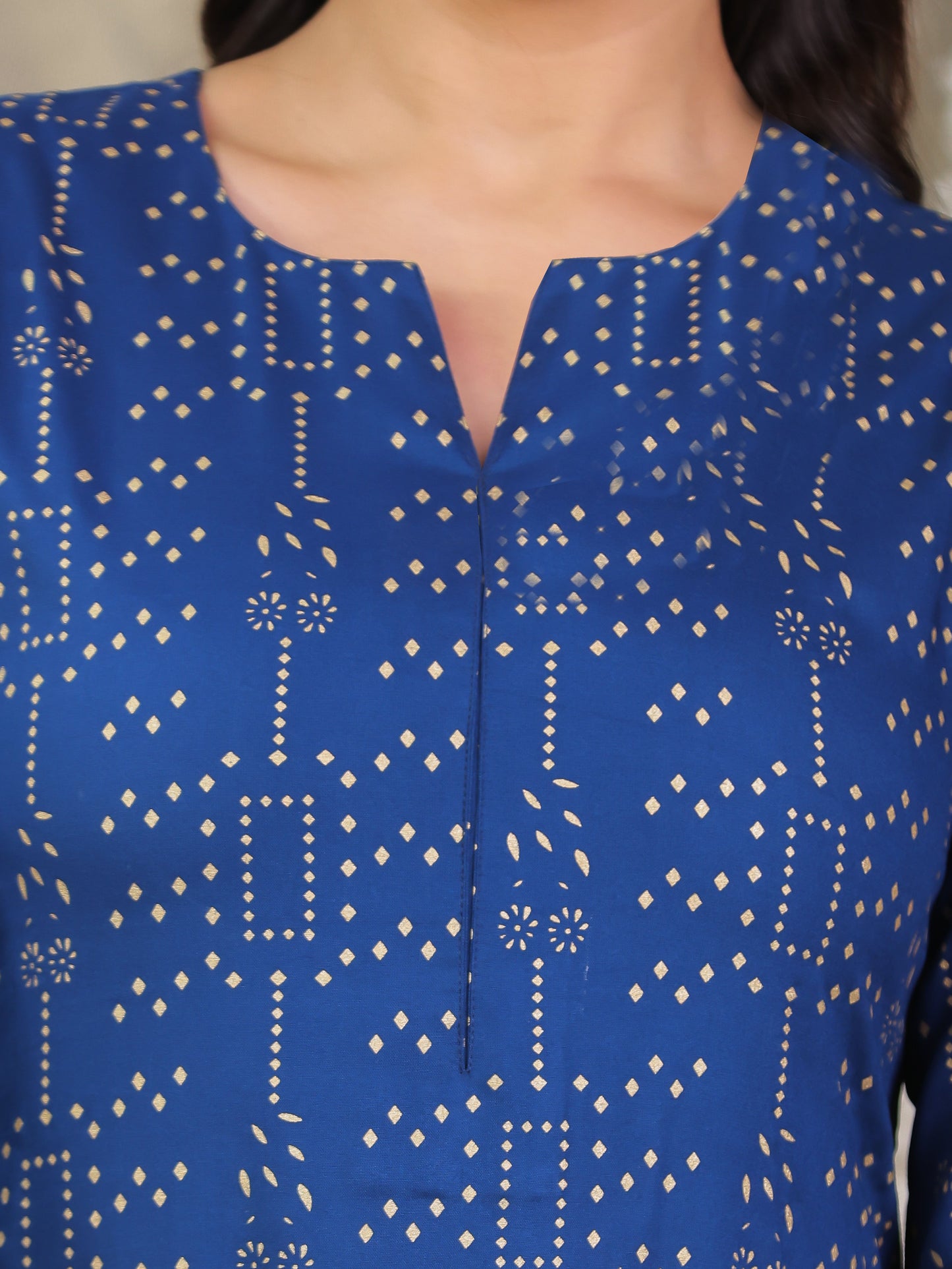 Viscose Gold foil A-line Blue Kurta