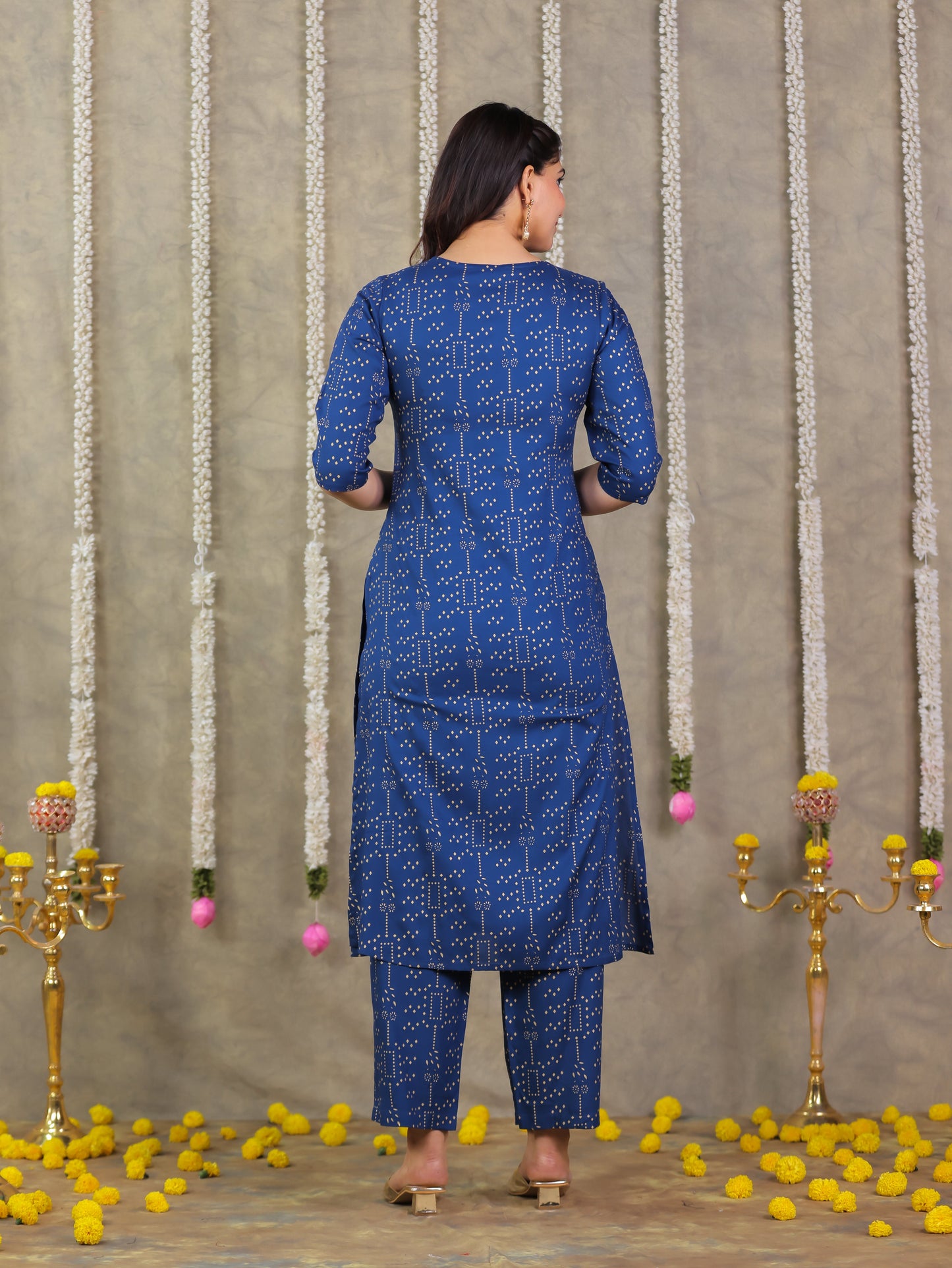Viscose Gold foil A-line Blue Kurta