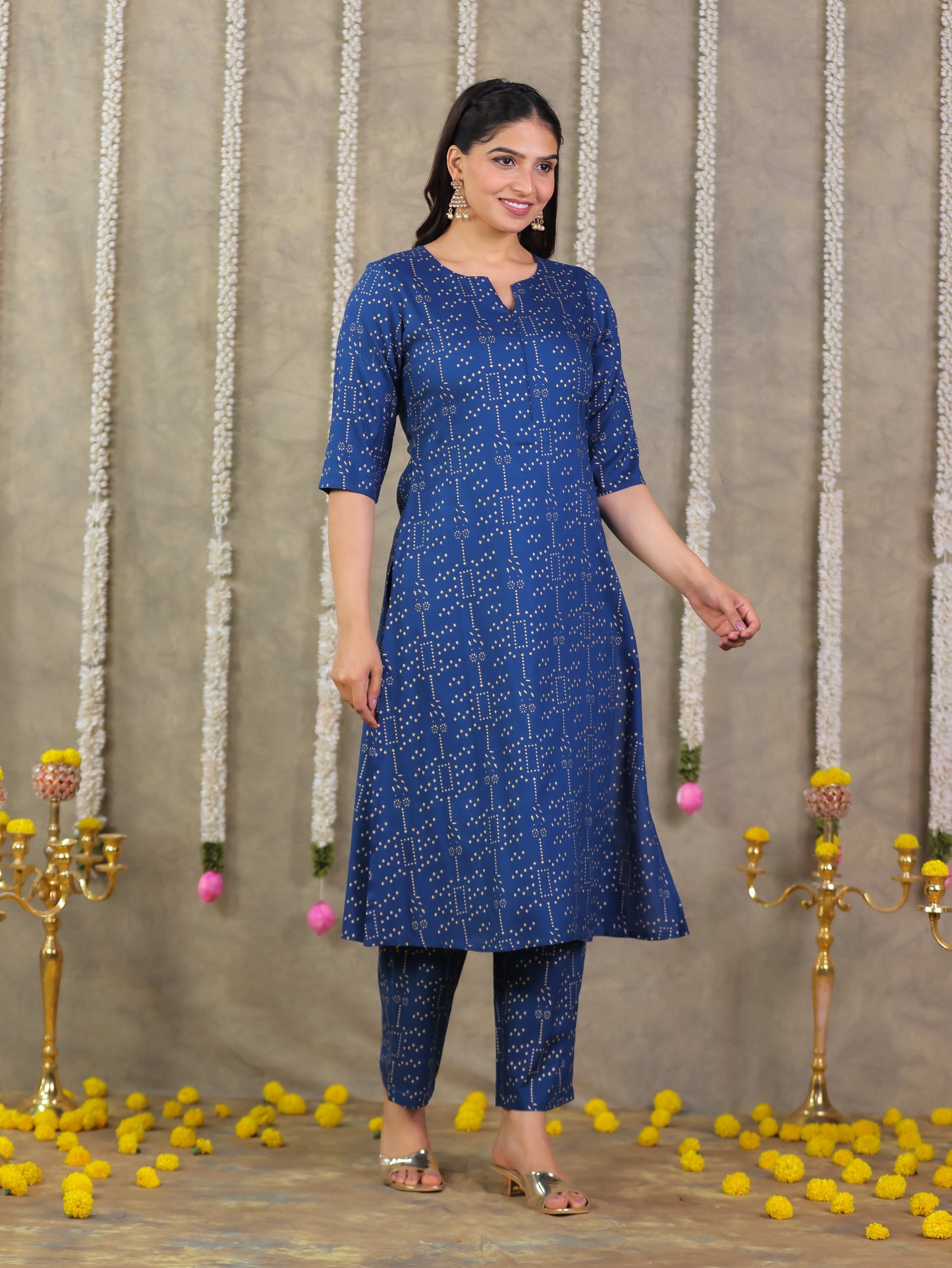 Viscose Gold foil A-line Blue Kurta