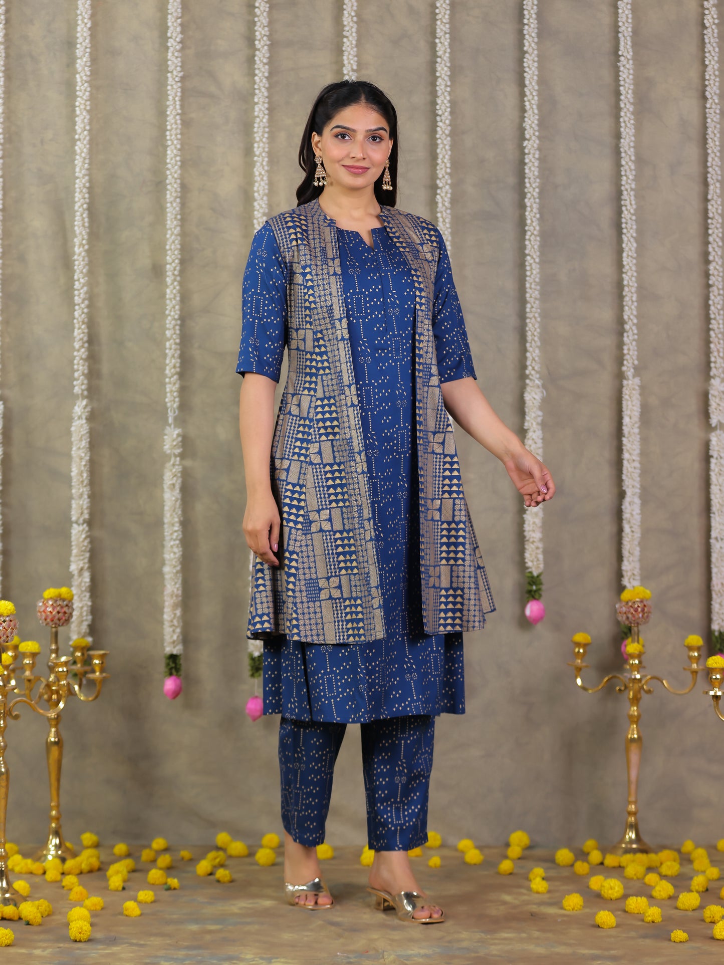 Viscose Gold foil A-line Blue Kurta