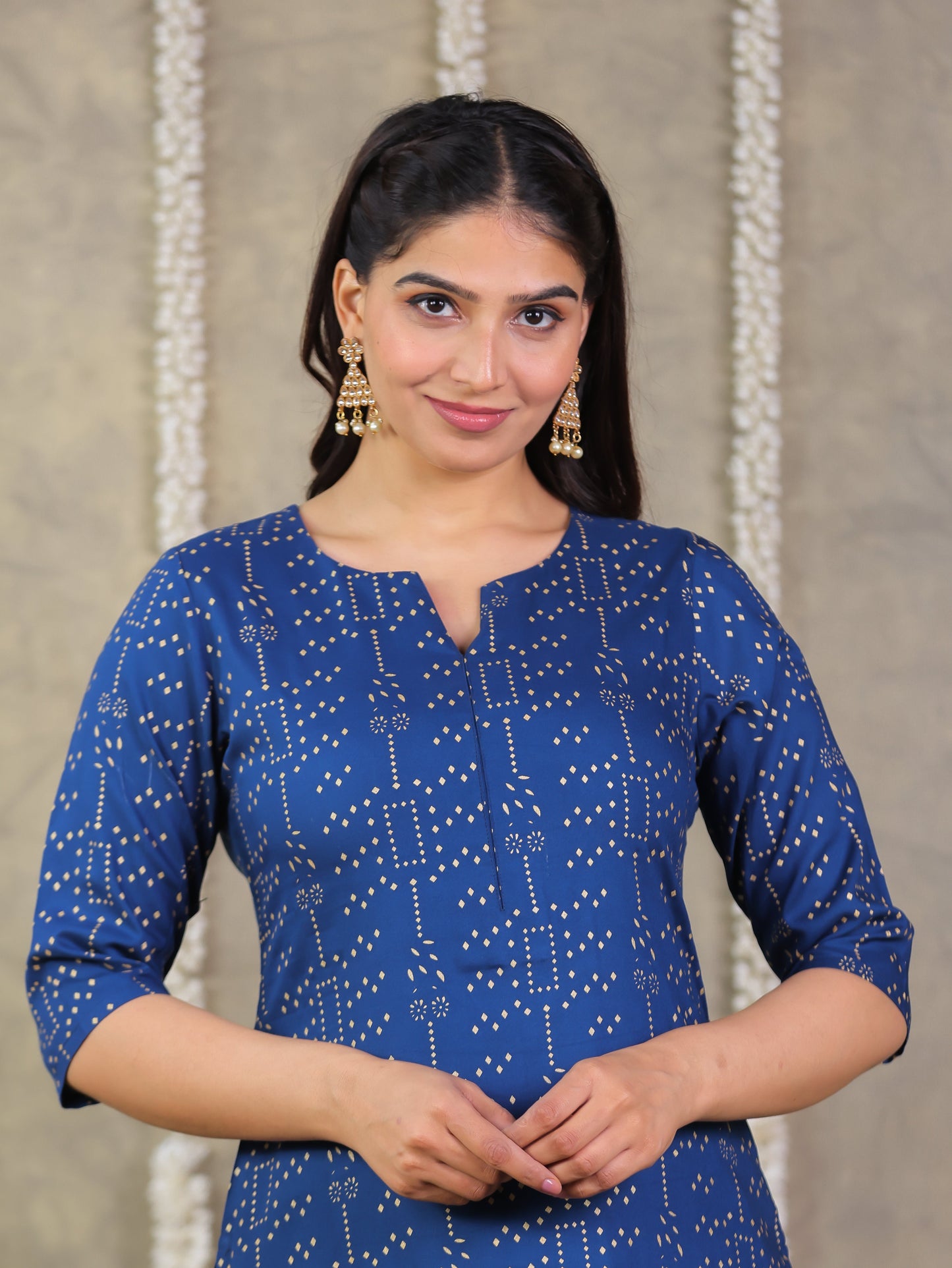 Viscose Gold foil A-line Blue Kurta