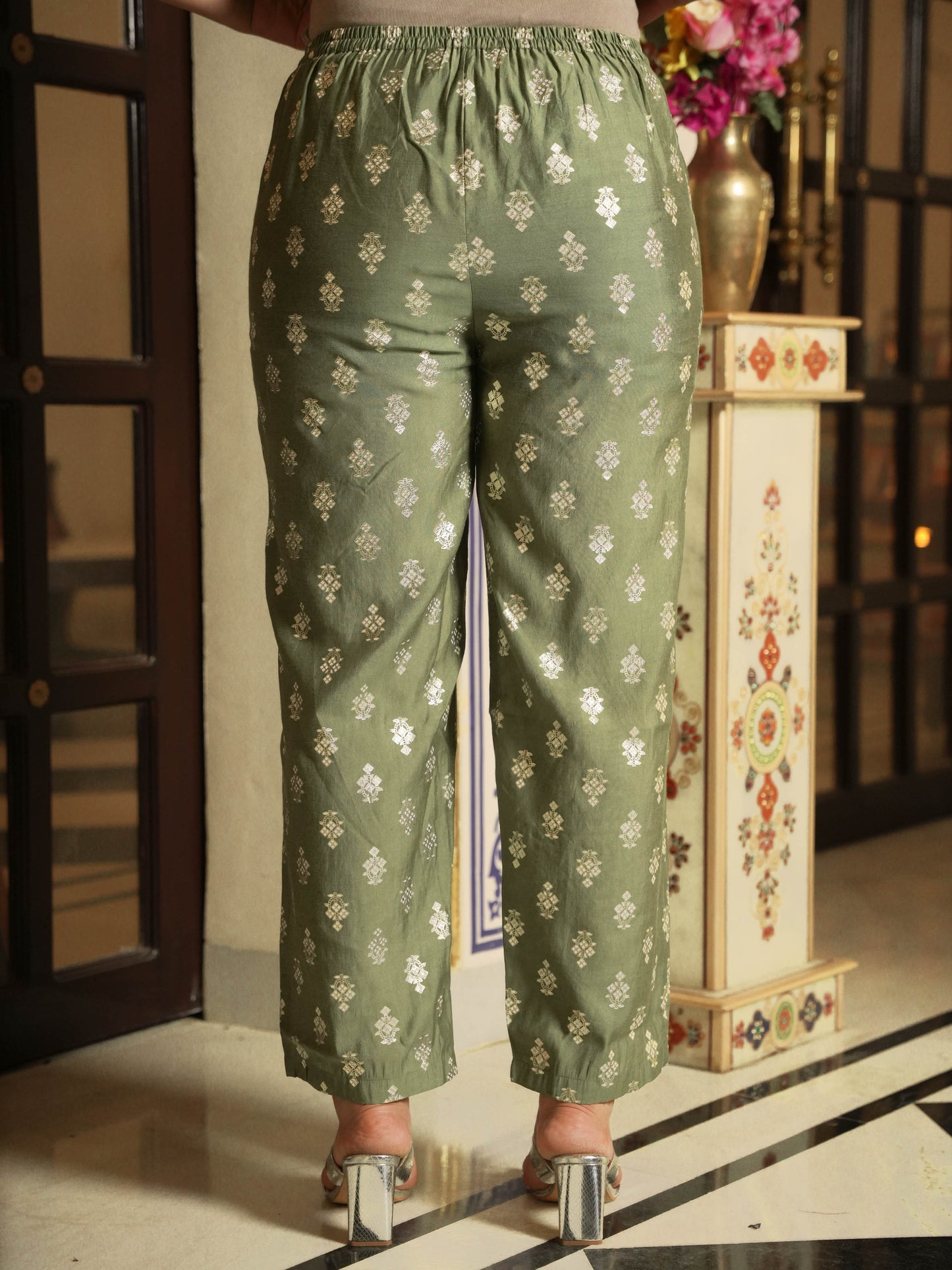 Chanderi Gold foil Green Straight Trousers
