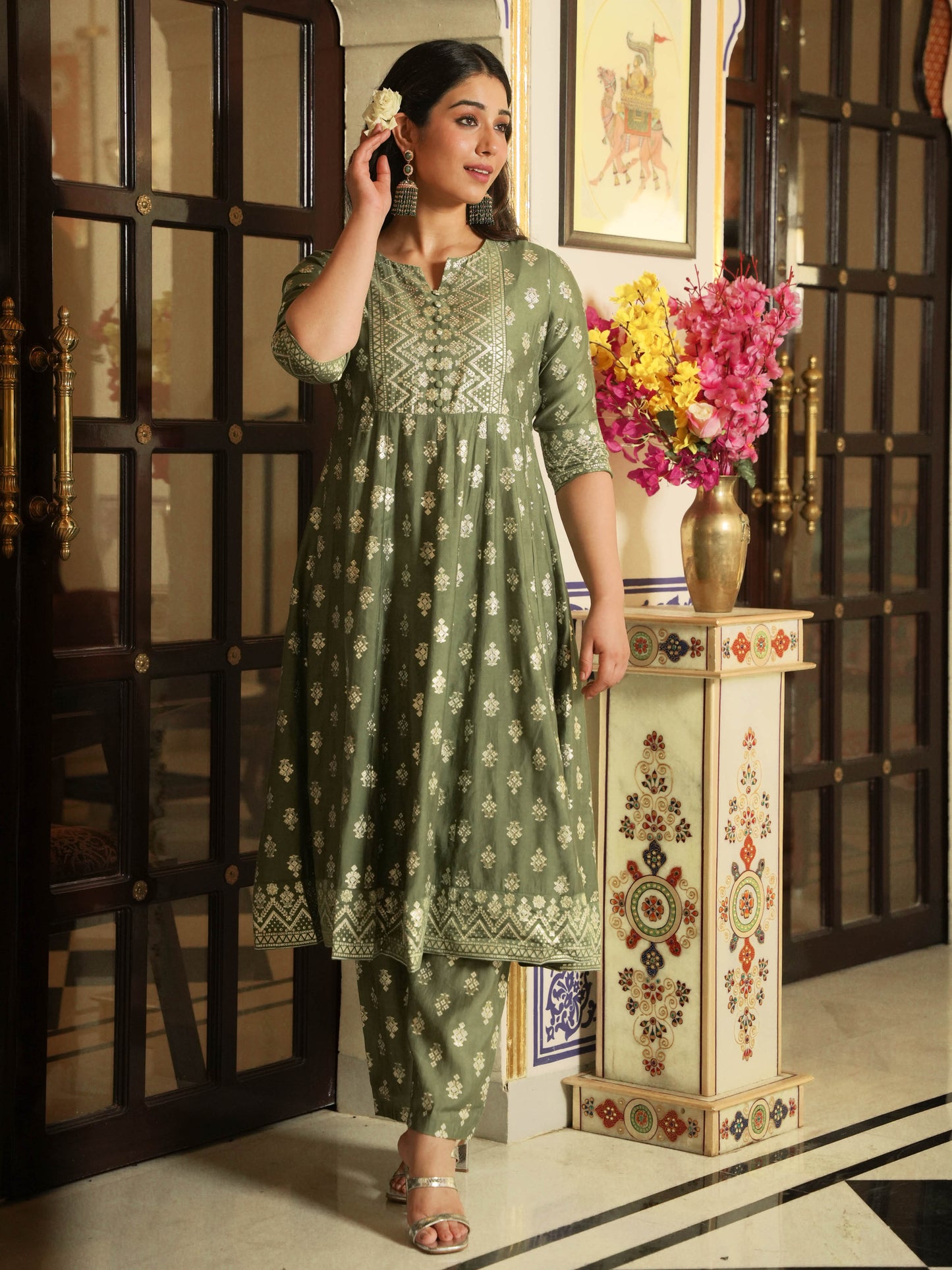 Chanderi Gold foil Anarkali Green Kurta