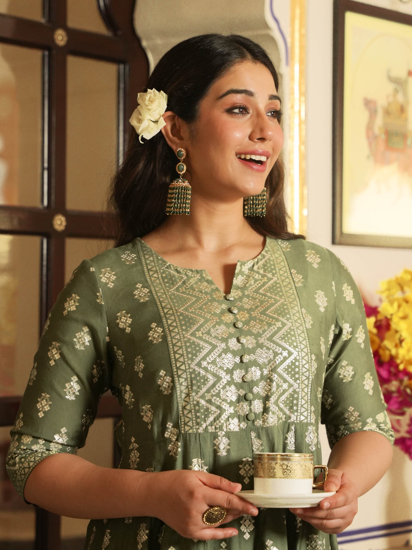 Chanderi Gold foil Anarkali Green Kurta