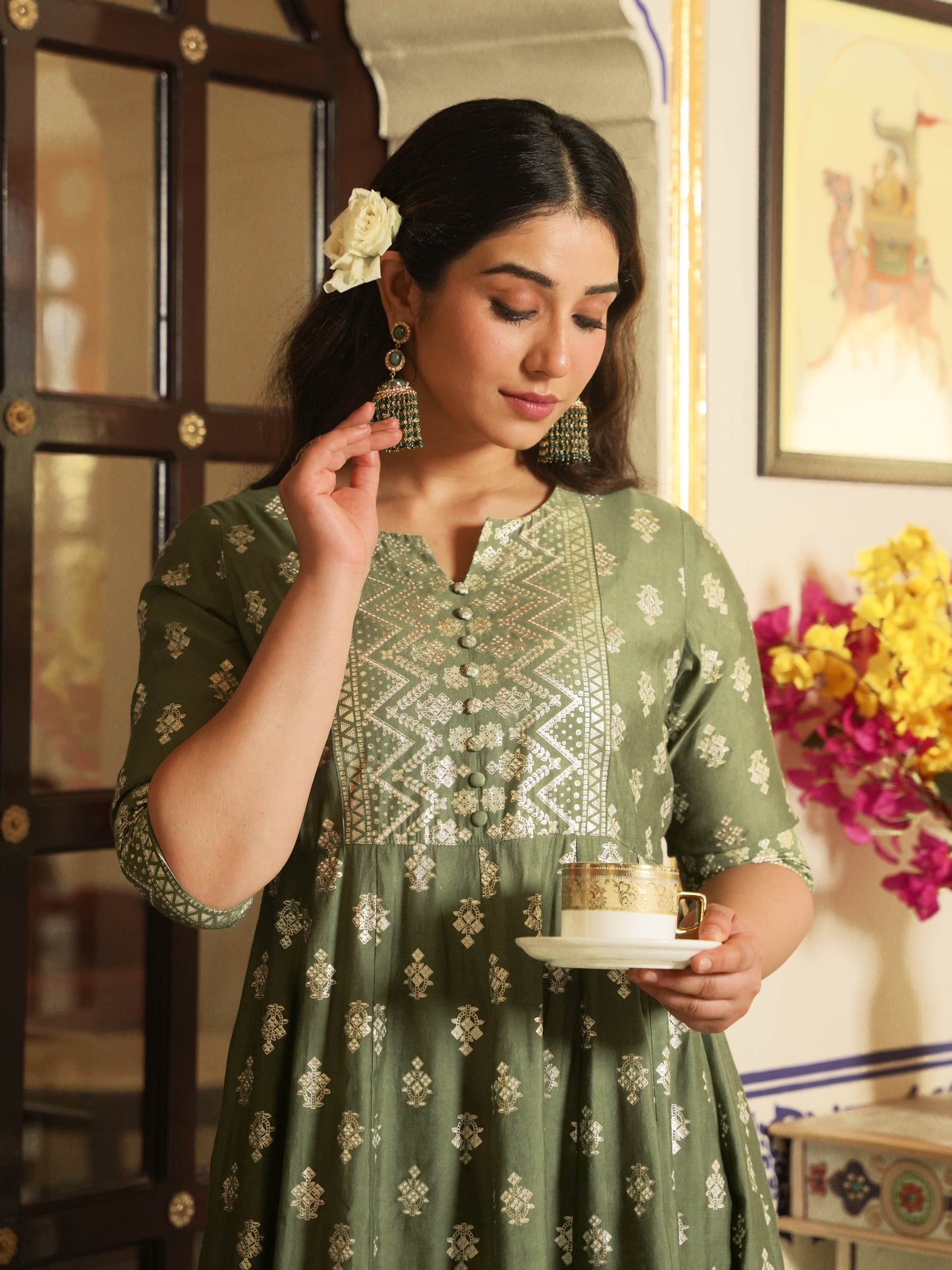 Chanderi Gold foil Anarkali Green Kurta