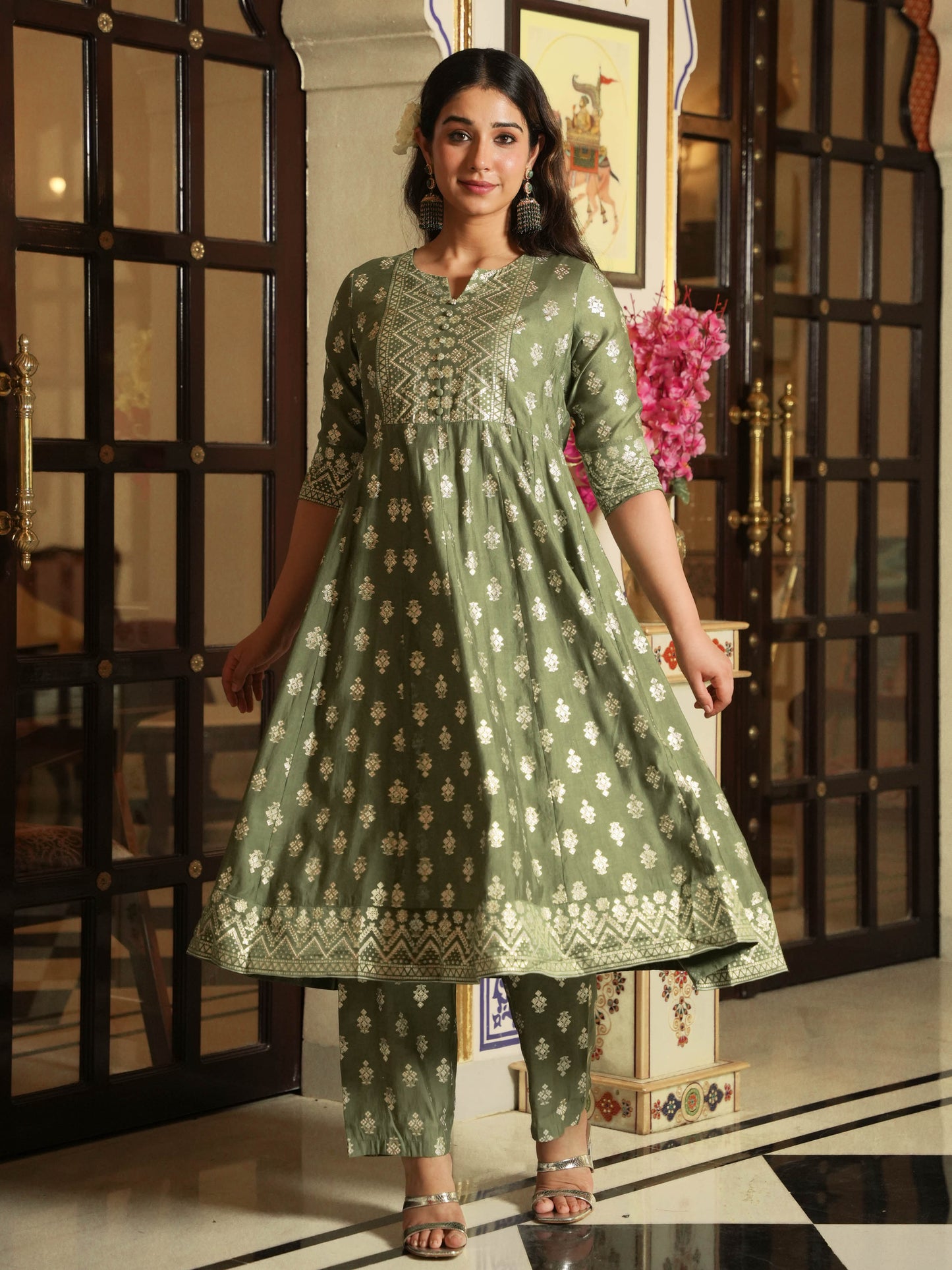 Chanderi Gold foil Anarkali Green Kurta