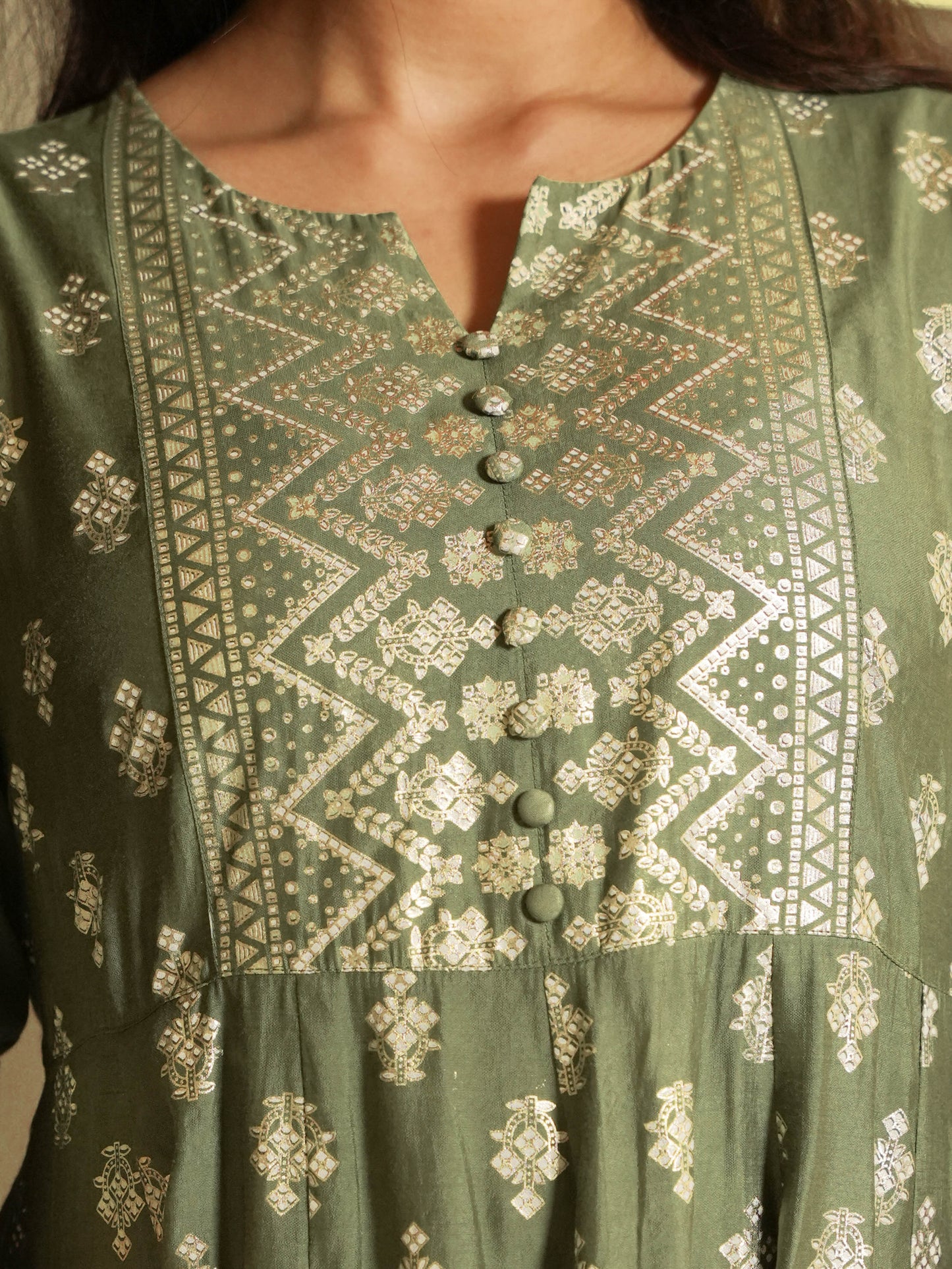 Chanderi Gold foil Anarkali Green Kurta