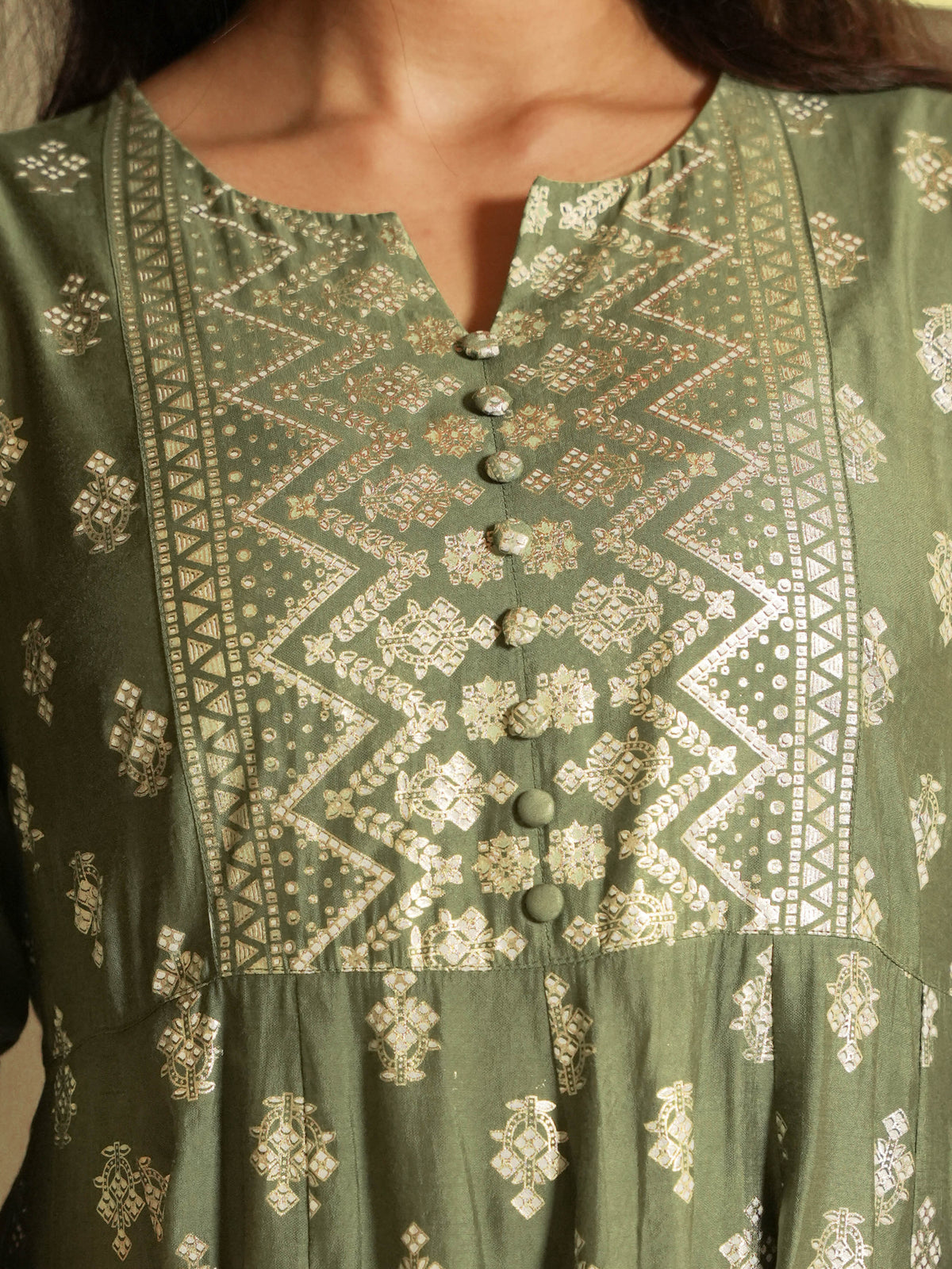 Chanderi Gold foil Anarkali Green Kurta