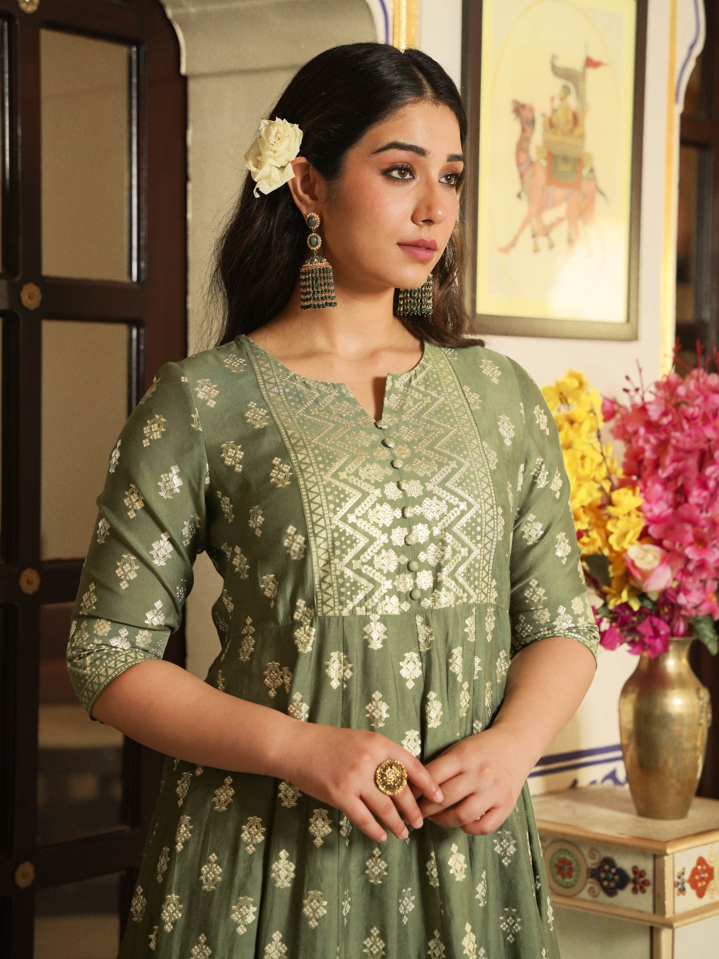 Chanderi Gold foil Anarkali Green Kurta