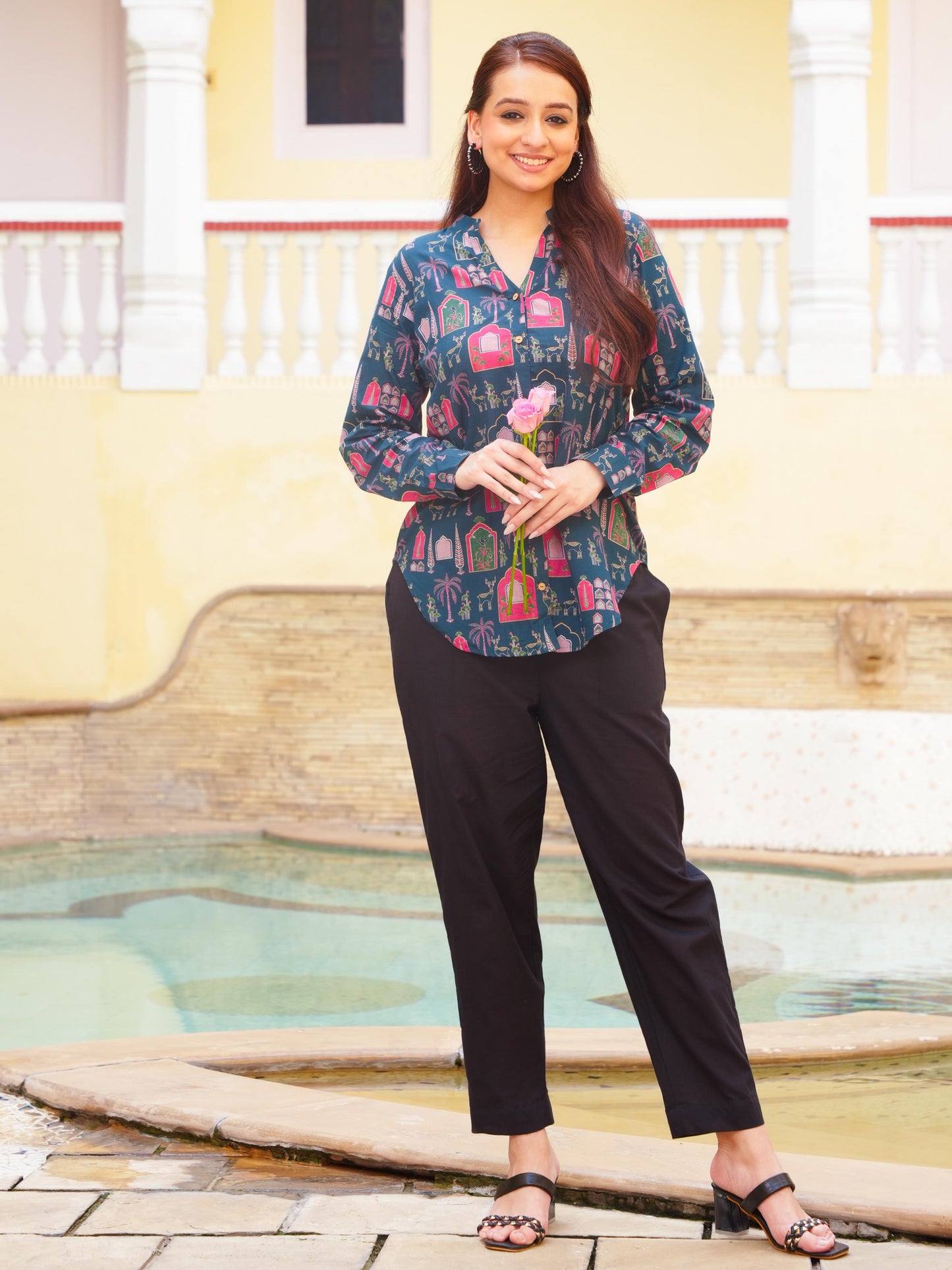 Soft Cotton Ajrakh Straight Teal Top