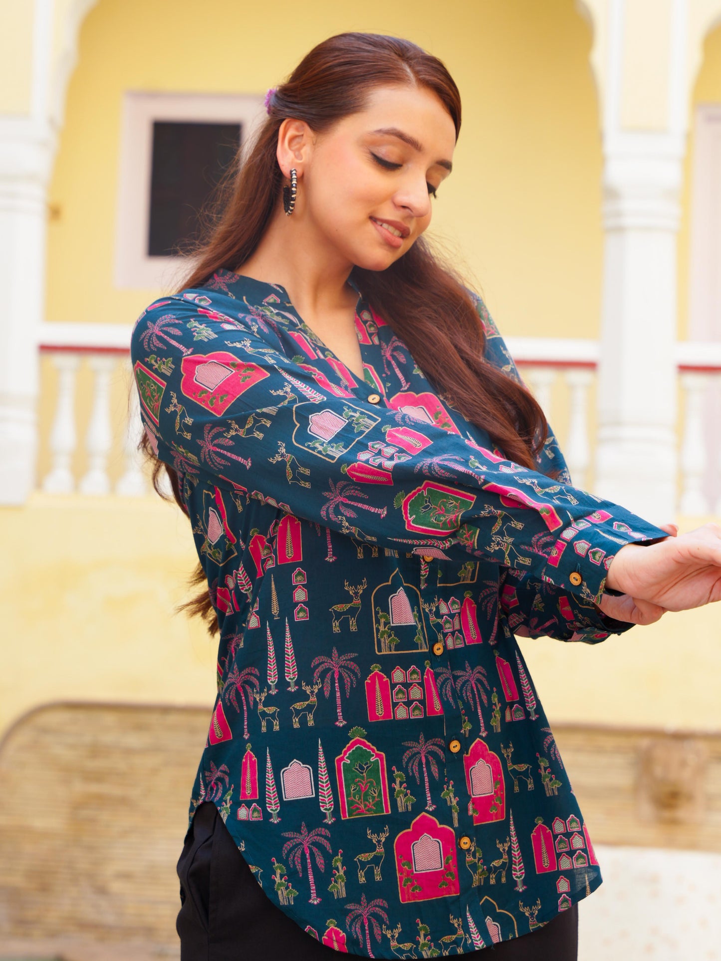 Soft Cotton Ajrakh Straight Teal Top