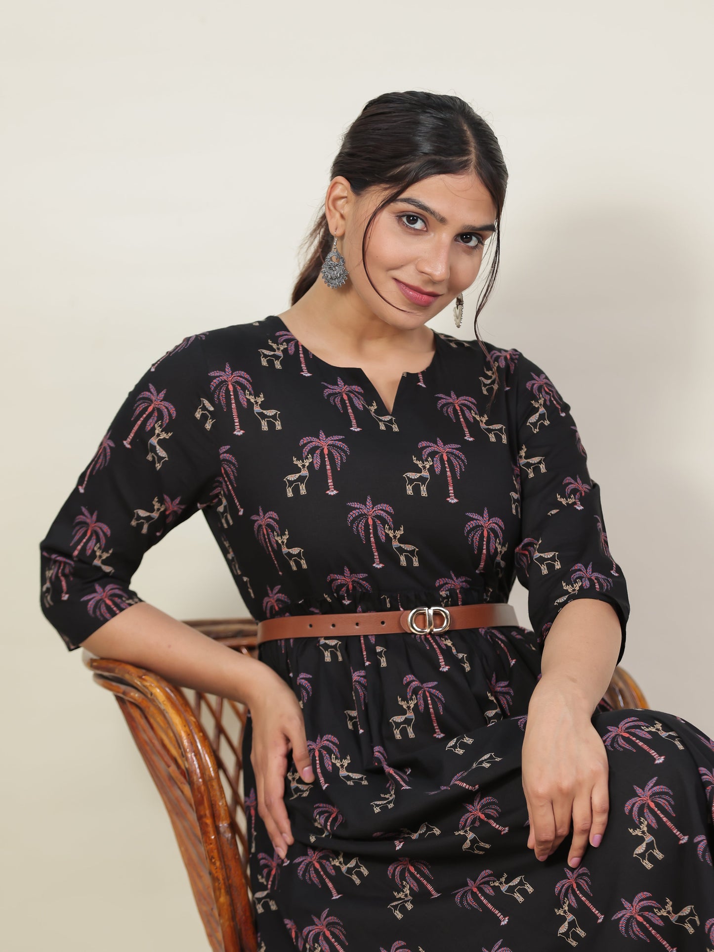 Soft Cotton Animal Gathered Black Dress