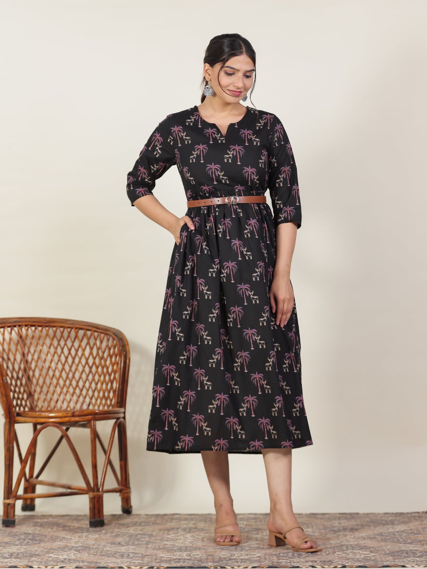 Soft Cotton Animal Gathered Black Dress