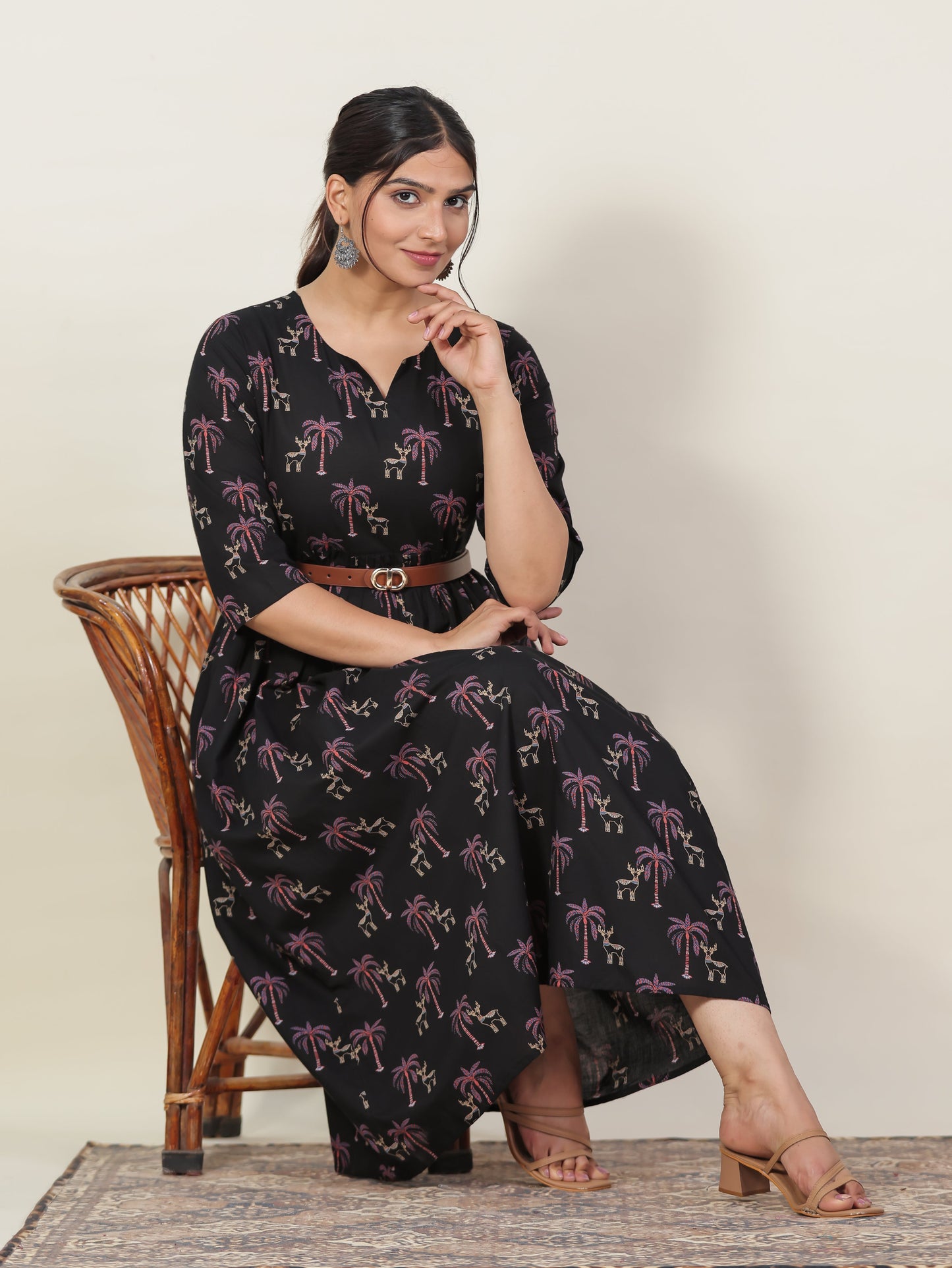 Soft Cotton Animal Gathered Black Dress
