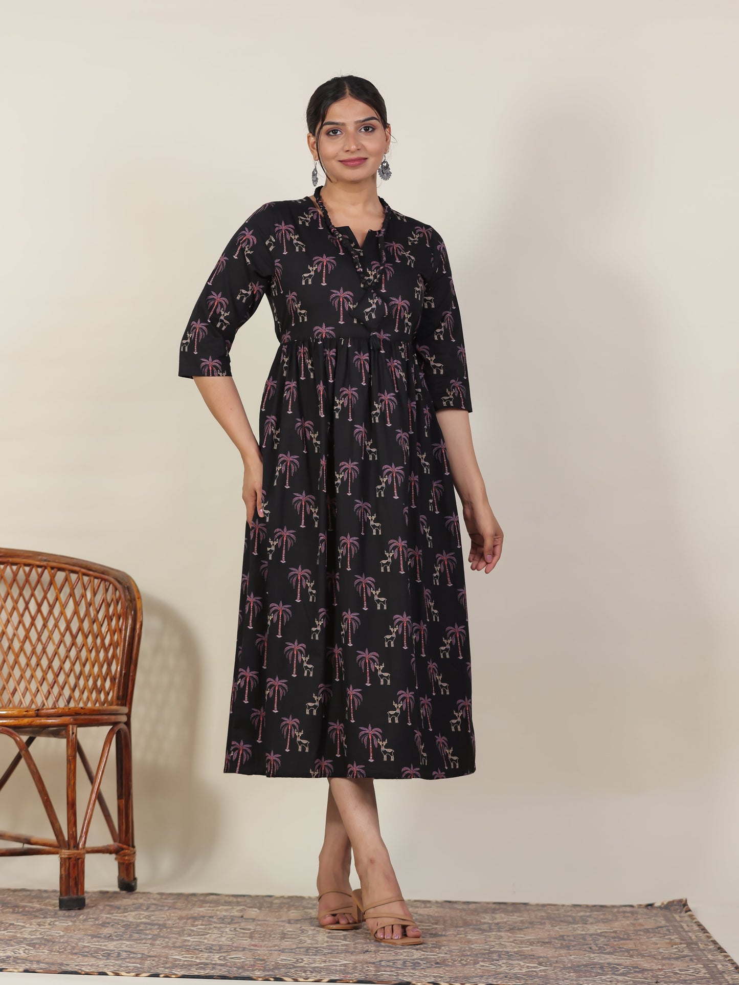 Soft Cotton Animal Gathered Black Dress