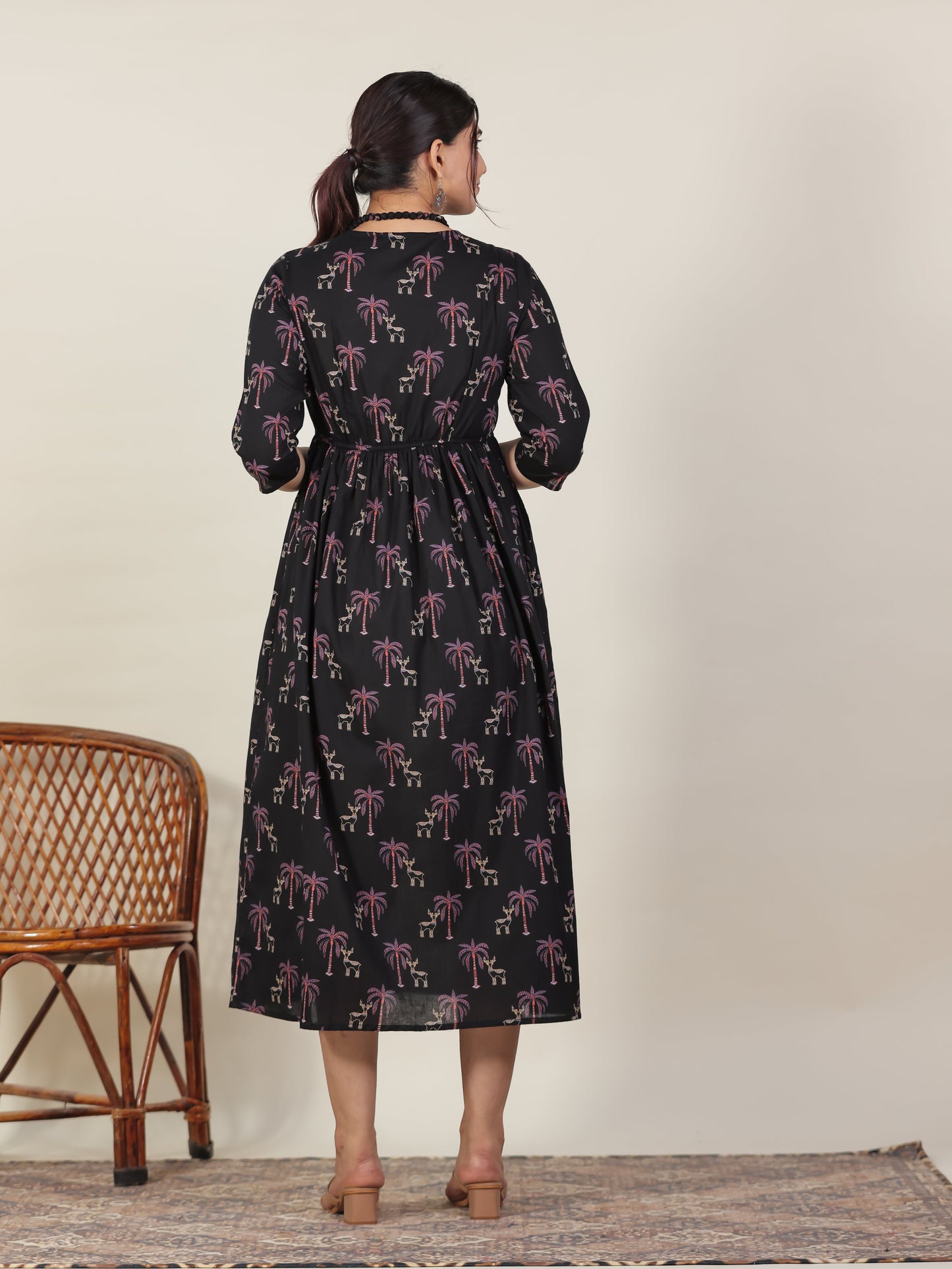 Soft Cotton Animal Gathered Black Dress